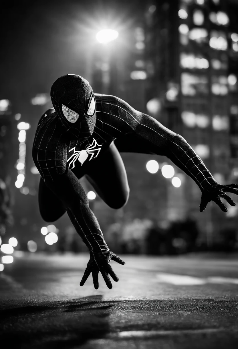 Black and white Spider-Man suit swinging through the city at night with Felicia Hardy