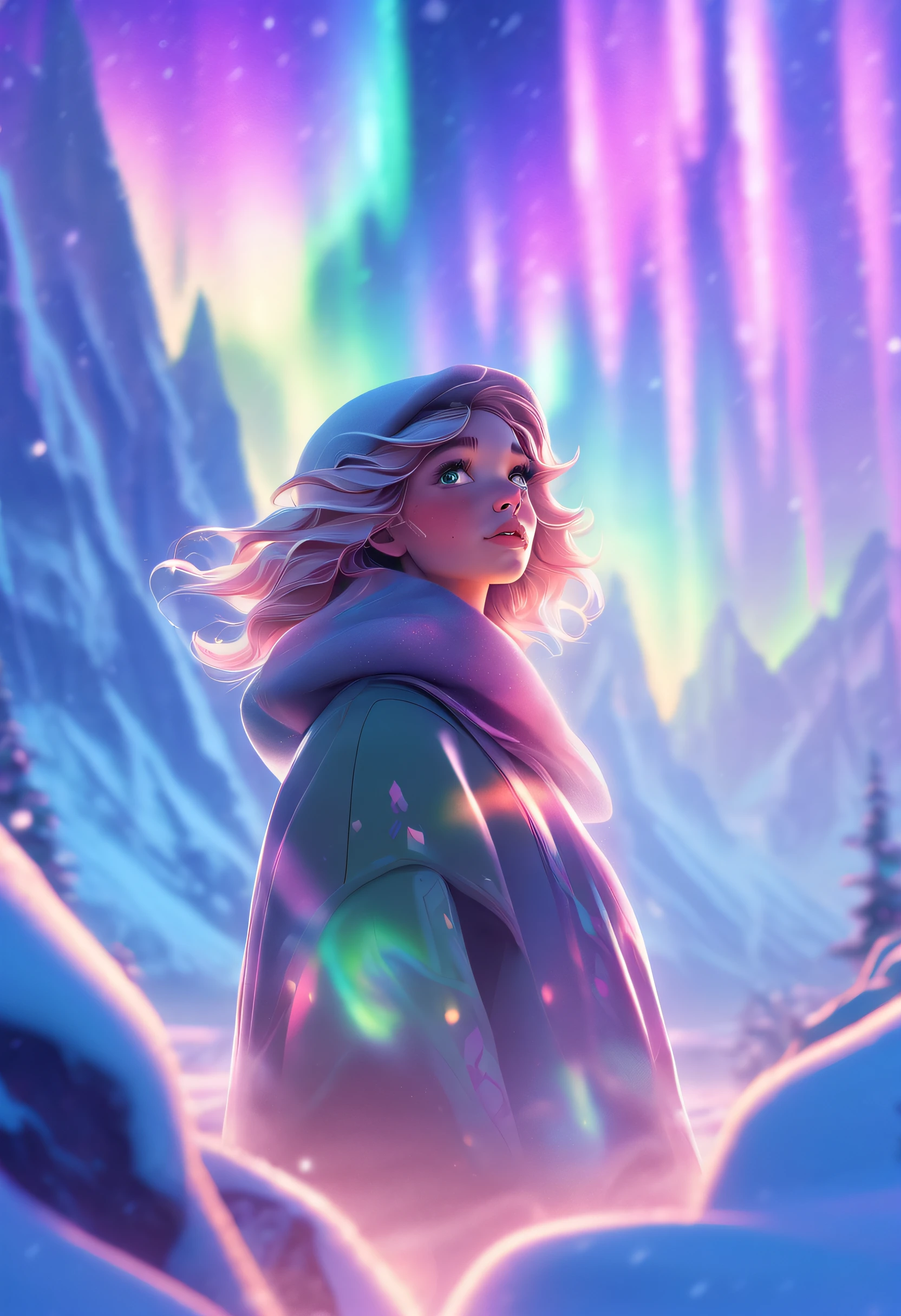 (((Masterpiece))),(((Best quality))),((Ultra-detailed)),((illustration)),extreme light，1girll，Stand under the iceberg，Admire the beautiful Northern Lights，[Hazy snow-capped mountain landscape in the distance：Translucent ethereal mechanical girl，snow mountains：0.33] Immerse yourself in the immense wind current，Living in wind and snow，Behind the aurora，（Doubleexposure：1.3），photography of：Brandon Woelfelmist，Surreal dreams，Gray atmosphere，Rainy days，dyna，lute，hdr