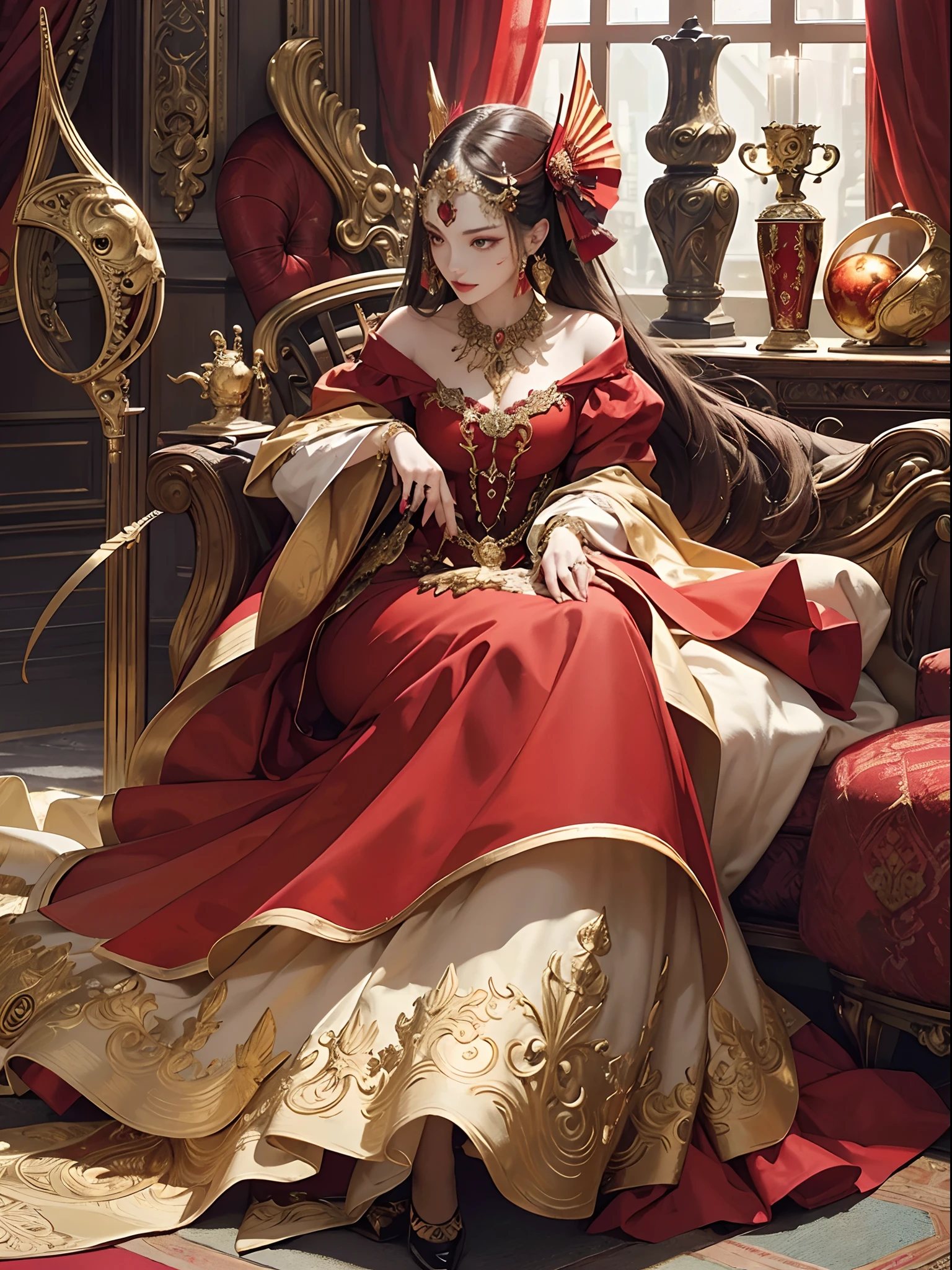 Red and gold tones、Vibrant colors、((​masterpiece)))、(((top-quality)))、((ultra-detailliert))、(A hyper-realistic)、(highly detailed CGillustration）、Official art、Madrid at the beginning of the 20th century、Decadent、Madame Papillon、Masquerade、Elegance、Masks that cover most of the face、Colorful and detailed mask design、matchless beauty、Fans、gorgeous dress、jewely、Perfect Angle、perfect-composition、rightward、full body Esbian