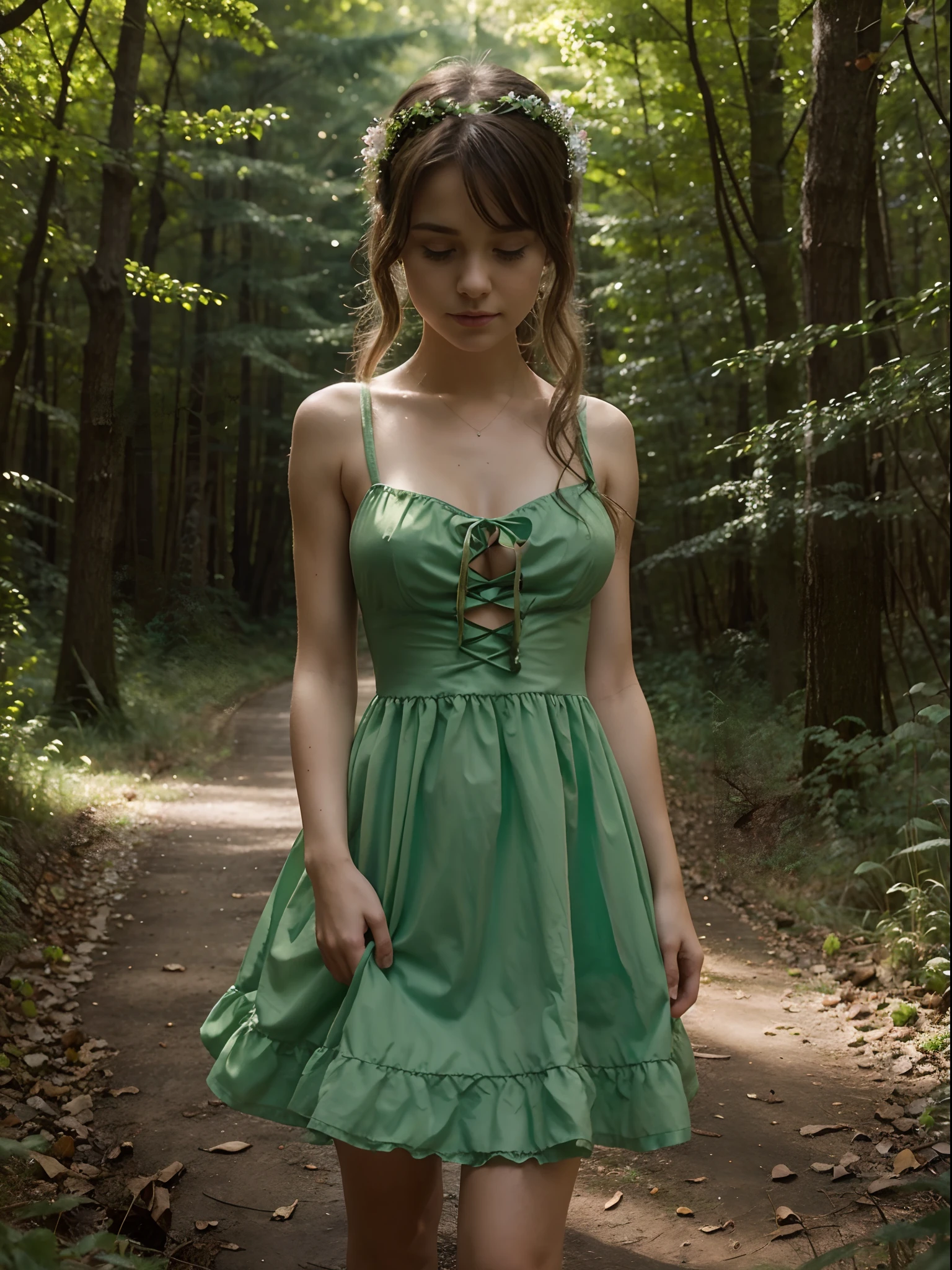 Arafed woman in a green dress walking down a path in the woods - SeaArt AI