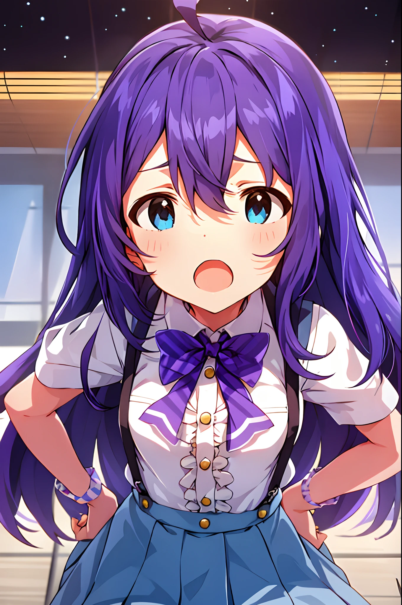 {{{{{mochizuki anna}}}}},1girl,solo,long hair,purple hair,small_ahoge,blue eyes.short stature.white t-shirts.suspenders.skirt.(((masterpiece))).(((best quality))).((ultra-detailed))).(((illustration))).night view.small Breasts.up chest.put hands on the hip.look from above.Sad face.open mouth.