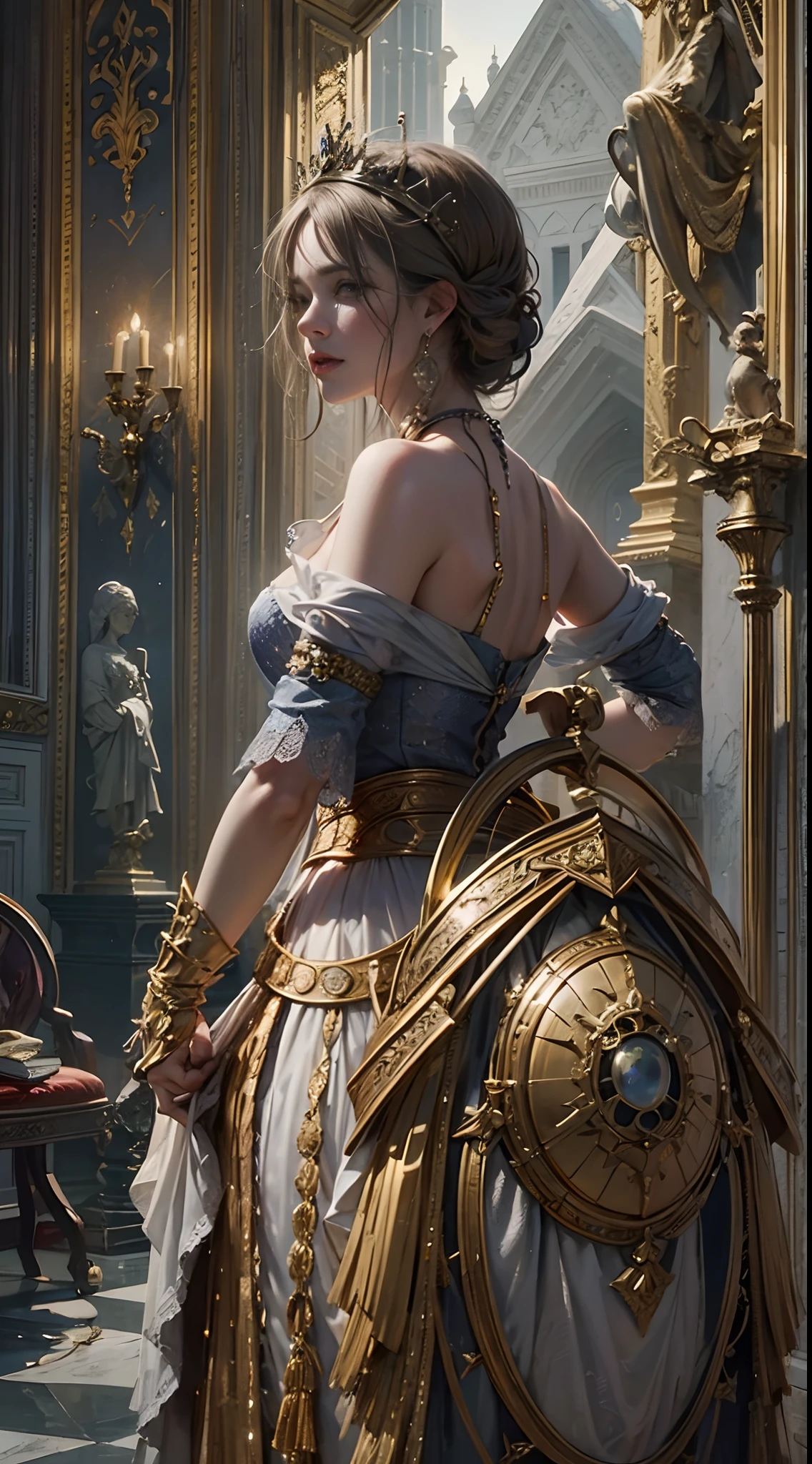 Coronation as king, Russell Crowe(Russell Ella Crowe)Played by General Maximus(cinematic ligh:gladiator),Coronation as king,Short dark brown hair,Small waves,Crown on head,Dressed in the emperor's robes,Delicate muscle contours, Realistic depiction, 4K quality. (Background with: The main hall of the Royal Palace),vague background,32k ULTRAHD, Best quality, Masterpiece, Super detail, High details,Correct anatomy,Ultra photo realsisim, fearsome, Dark fantasy, epic realistic, Faded, ((com cores neutras)), (hdr:1.5), (pastel colour:1.2), ultra - detailed, (Art Station:1.5), Cinematic, warm lights, Light effect, Dramaticlight, (Intricate details:1.1), the complex background, (greg rutkovsky:0.8),