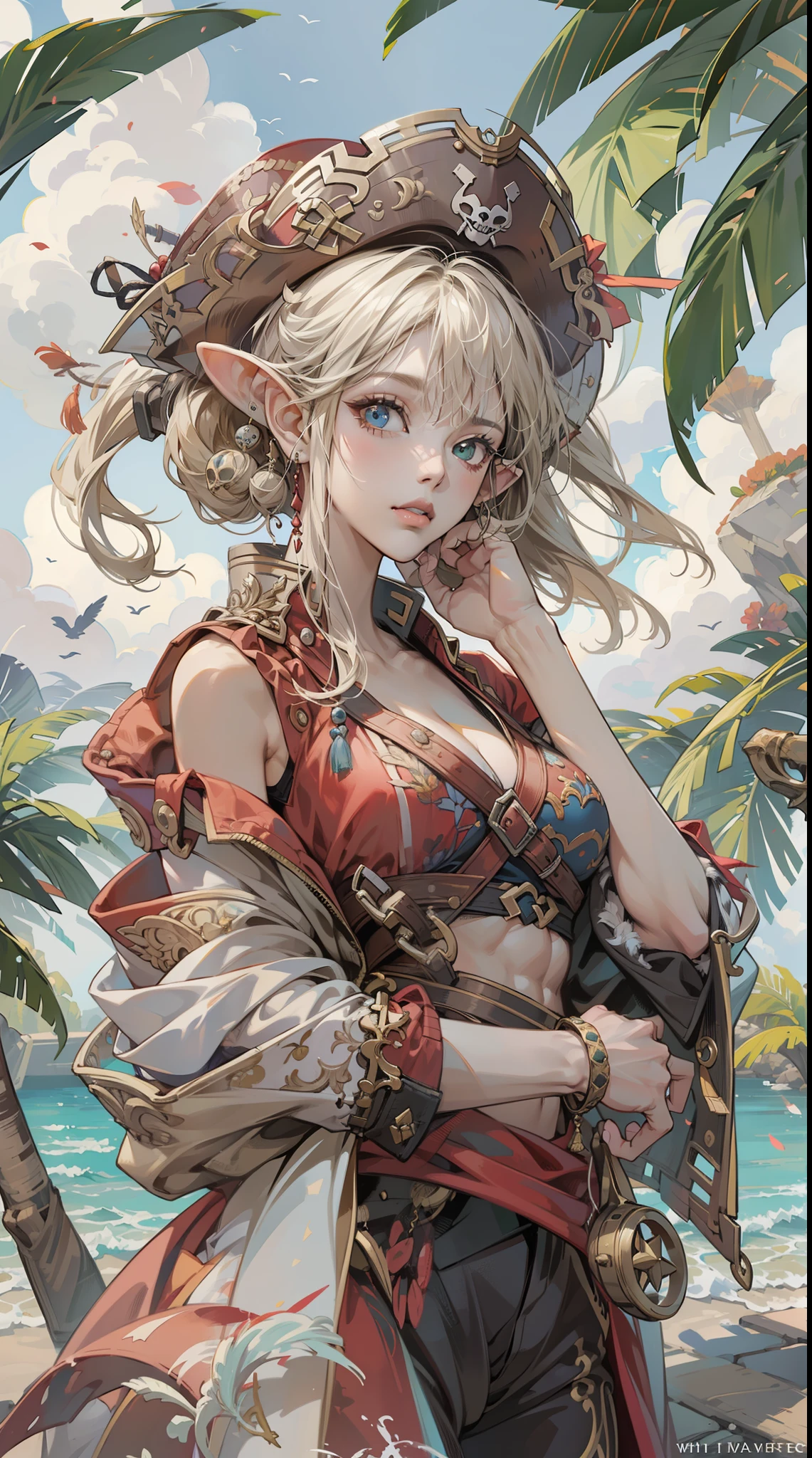 a beautiful Extremely cute elf race face, 1girl, insanely detailed face and eyes, Perfect lips, pirate captain, Sunshine, hands on straw hat, red jacket, closed shirt, pirate hat, looking at viewer, upper body, ABS, asymmetrical bangs, white blonde short hair, big breast, digital painting, dramatic, cinematic lighting, fine expression, fine detail, masterpiece, fantasy art, illustration, masterpiece, digital art by Yusuke Murata.