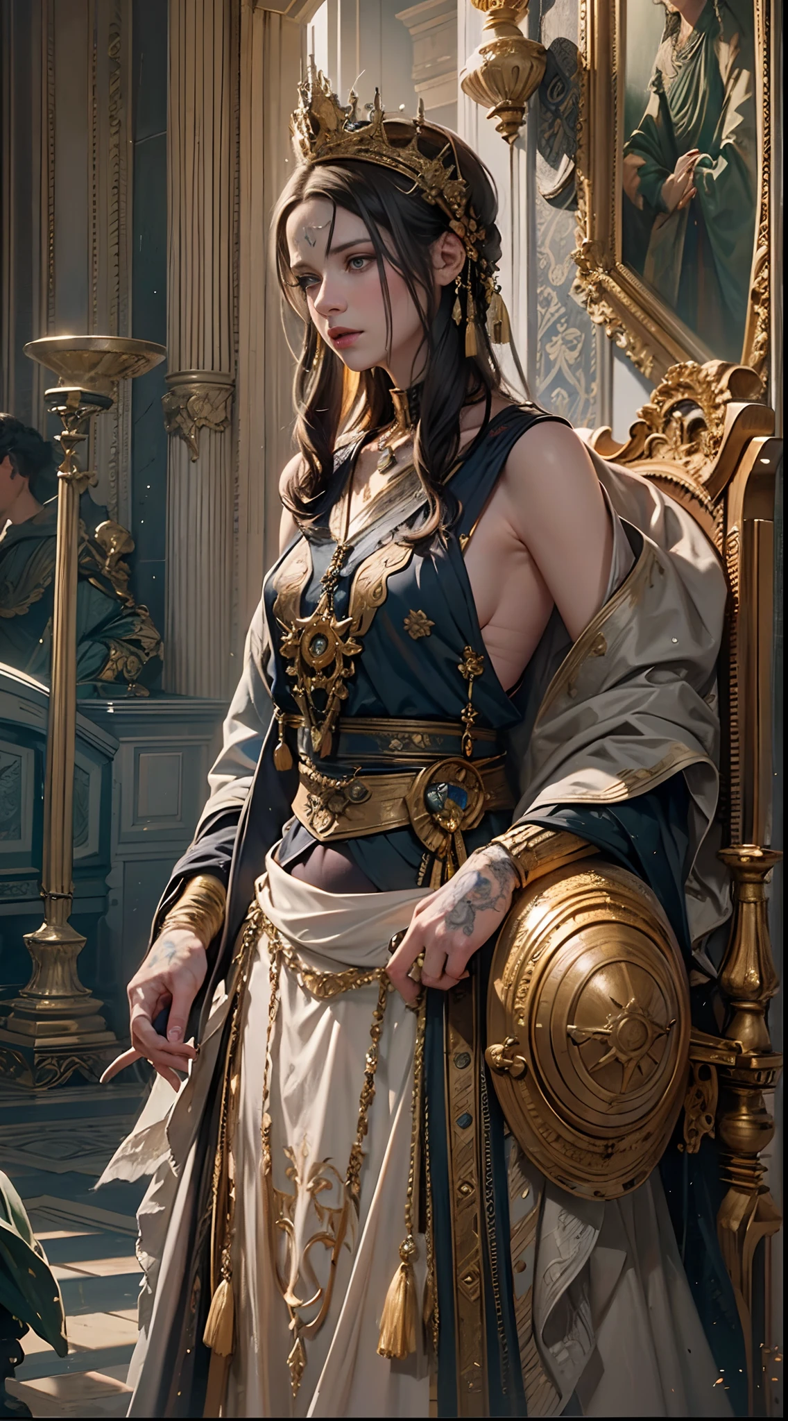 Coronation as king, Russell Crowe(Russell Ella Crowe)Played by General Maximus(cinematic ligh:gladiator),Coronation as king,Short dark brown hair,Small waves,Crown on head,Dressed in the emperor's robes,Delicate muscle contours, Realistic depiction, 4K quality. (Background with: The main hall of the Royal Palace),vague background,32k ULTRAHD, Best quality, Masterpiece, Super detail, High details,Correct anatomy,Ultra photo realsisim, fearsome, Dark fantasy, epic realistic, Faded, ((com cores neutras)), (hdr:1.5), (pastel colour:1.2), ultra - detailed, (Art Station:1.5), Cinematic, warm lights, Light effect, Dramaticlight, (Intricate details:1.1), the complex background, (greg rutkovsky:0.8),