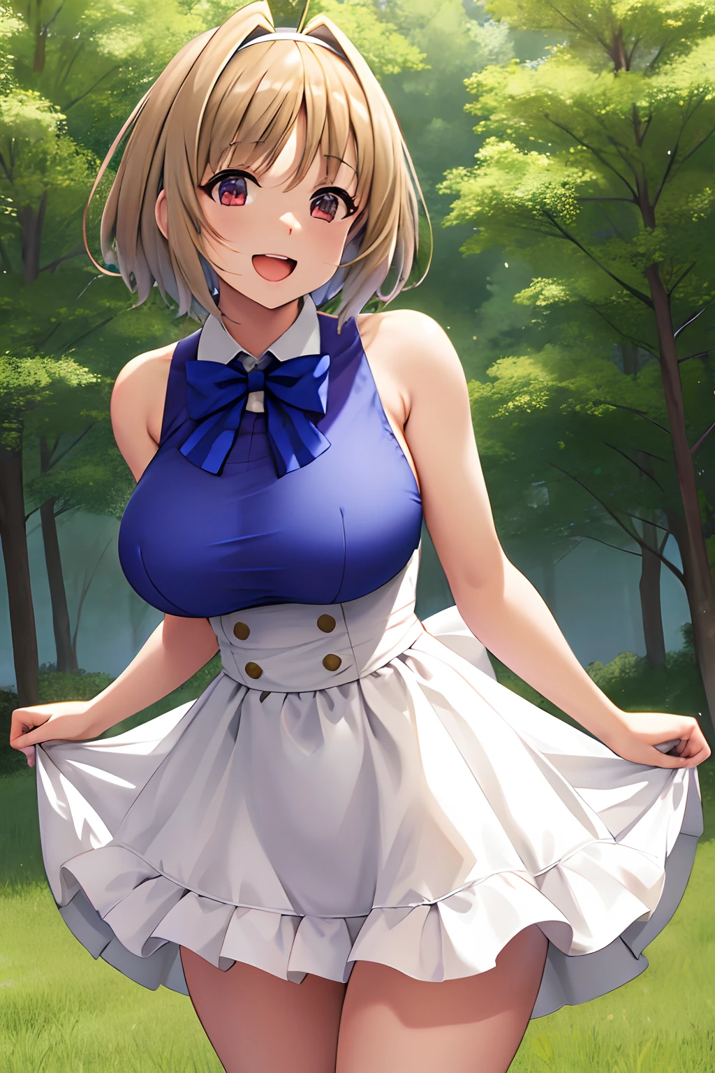 Big tits, bunny girl outfit, masterpiece, best quality, highres, aakikyo, short hair, hair intakes, white hairband, blue bowtie, , , , cowboy shot, standing, outdoors, straight-on, arms at sides, smile, open mouth, spread legs, thick,from below,white panty