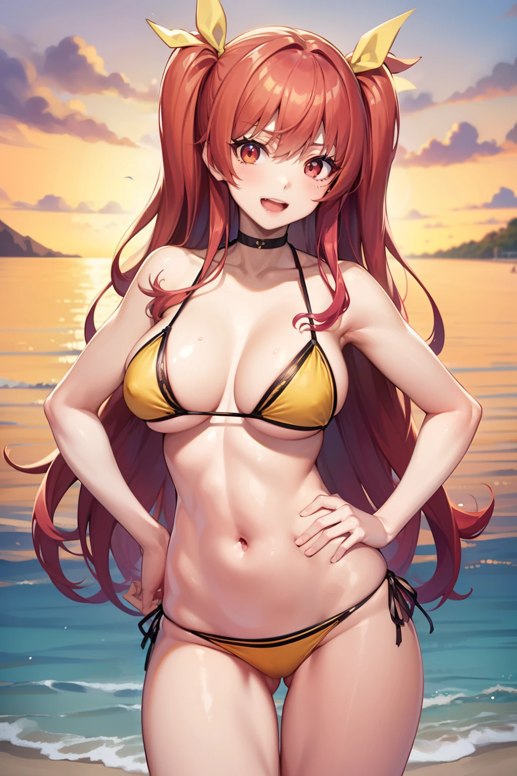 Stella Vermillion, Stella Vermillion, hair between eye, Hair intake, Hair Ribbon, Long hair, (Red Eyes:1.5), Red hair, two side up, Yellow Ribbon,thighs thighs thighs thighs, BREAK looking at viewer,,Romper (masutepiece:1.2), Best Quality, High resolution, Unity 8k壁纸, (Illustration:0.8), (Beautiful detailed eyes:1.6), extra detailed face, Perfect Lighting, extremely details CG, (Perfect hands, Perfect Anatomy),Naughty big、Smile with open mouth、,(Yellow Bikini:1.5)、(the beach:1.3)、cowboy  shot、Hands on hips