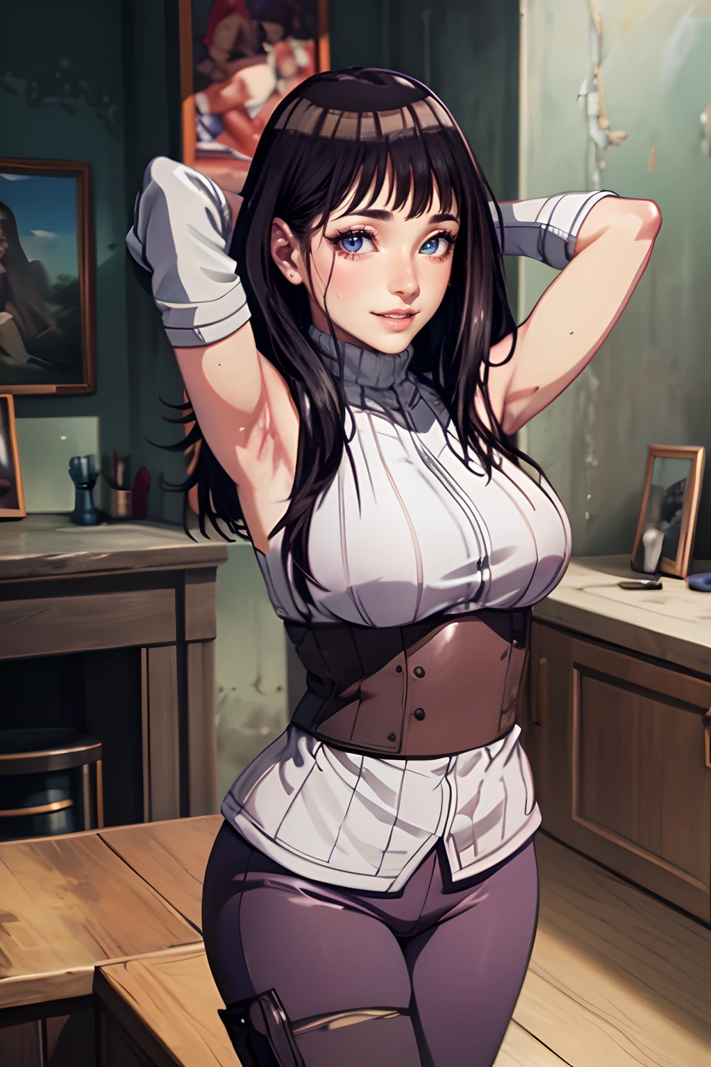 Perfect, masterpiece, (best quality, highres:1.2), 1girl, beautiful detailed eyes, beautiful detailed lips, extremely detailed eyes and face, long eyelashes, medium:oil painting, vivid colors, HDR, studio lighting, ultra-fine painting, sharp focus, physically-based rendering, extreme detail description, portraits, curvy body, big breasts, perfect shape, facing viewer, sweaty, gorgeous, arms up, sleeveless turtleneck, straddling, smiling, ((arm warmer))