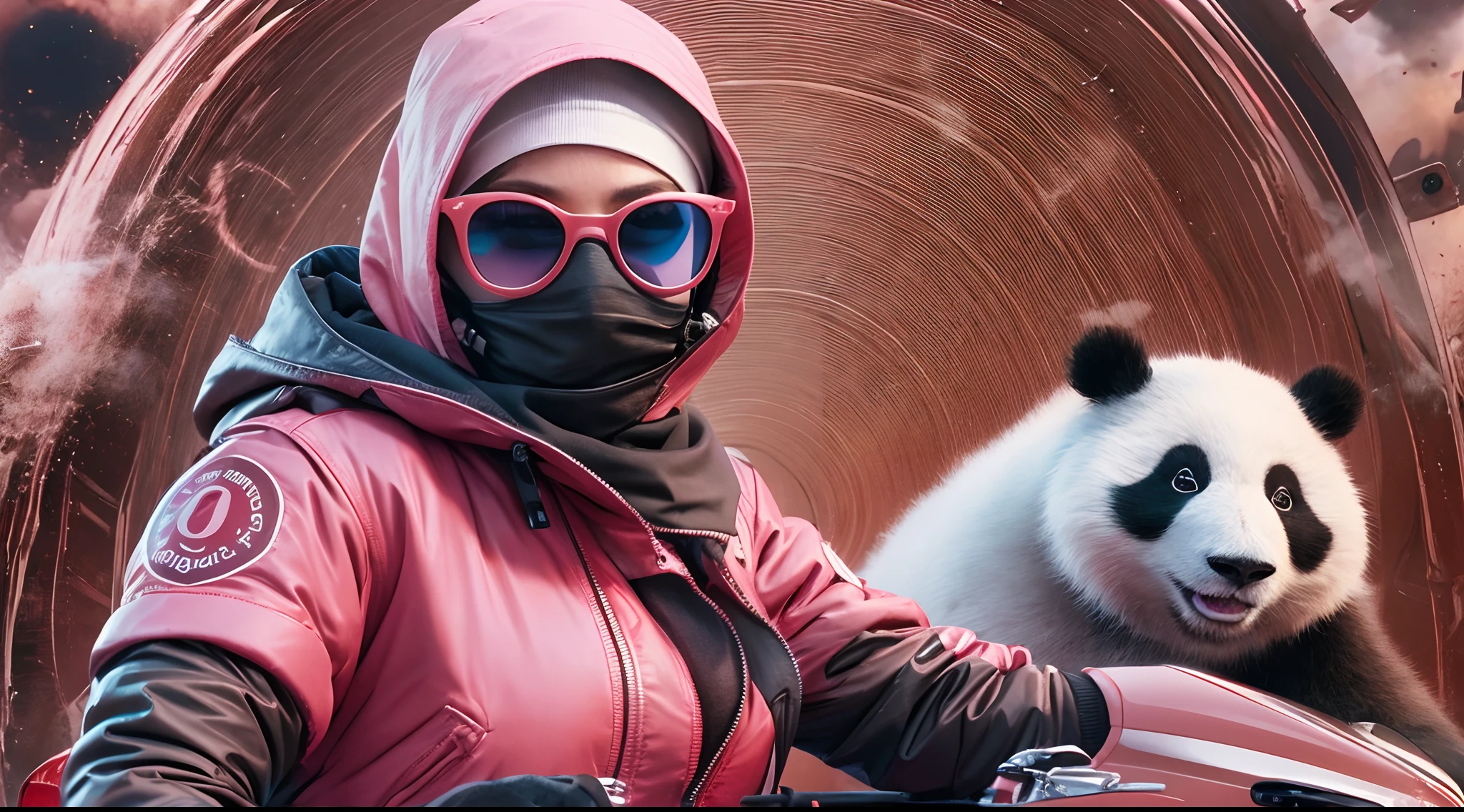 Slim beautiful malay woman in hijab with pink jacket with big panda ride a pink delivery motorcycle very fast to escape from explosion, pink food delivery motorcycle, foodpanda delivery, panda emblem at delivery box, pink delivery box, sunglasses, sci-fi, with gun, pink explosions behind, big pink explosion, lot of pink smoke effect, dramatic scene, movie poster, 30mm lense, wide Establishing shot, muted color grading, cinemascope, high quality, using Panavision DXL2 camera,