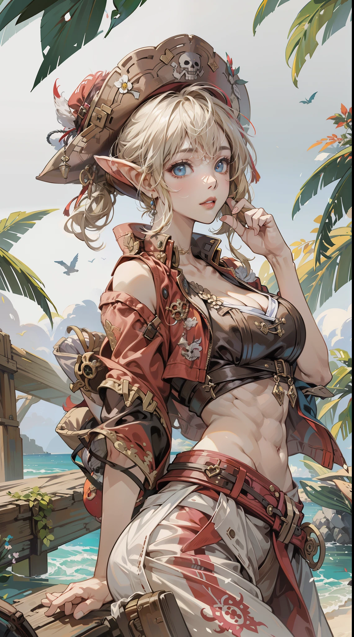 a beautiful Extremely cute elf race face, 1girl, insanely detailed face and eyes, Perfect lips, pirate captain, Sunshine, hands on straw hat, red jacket, closed shirt, pirate hat, looking at viewer, upper body, ABS, asymmetrical bangs, white blonde short hair, big breast, digital painting, dramatic, cinematic lighting, fine expression, fine detail, masterpiece, fantasy art, illustration, masterpiece, digital art by Yusuke Murata.