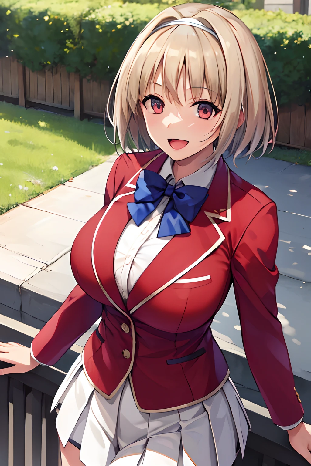 Big tits, masterpiece, best quality, highres, aakikyo, short hair, hair intakes, white hairband, blue bowtie, collared shirt, blazer, red jacket, long sleeves, white skirt, pleated skirt, black socks, cowboy shot, standing, outdoors, straight-on, arms at sides, smile, open mouth, thick