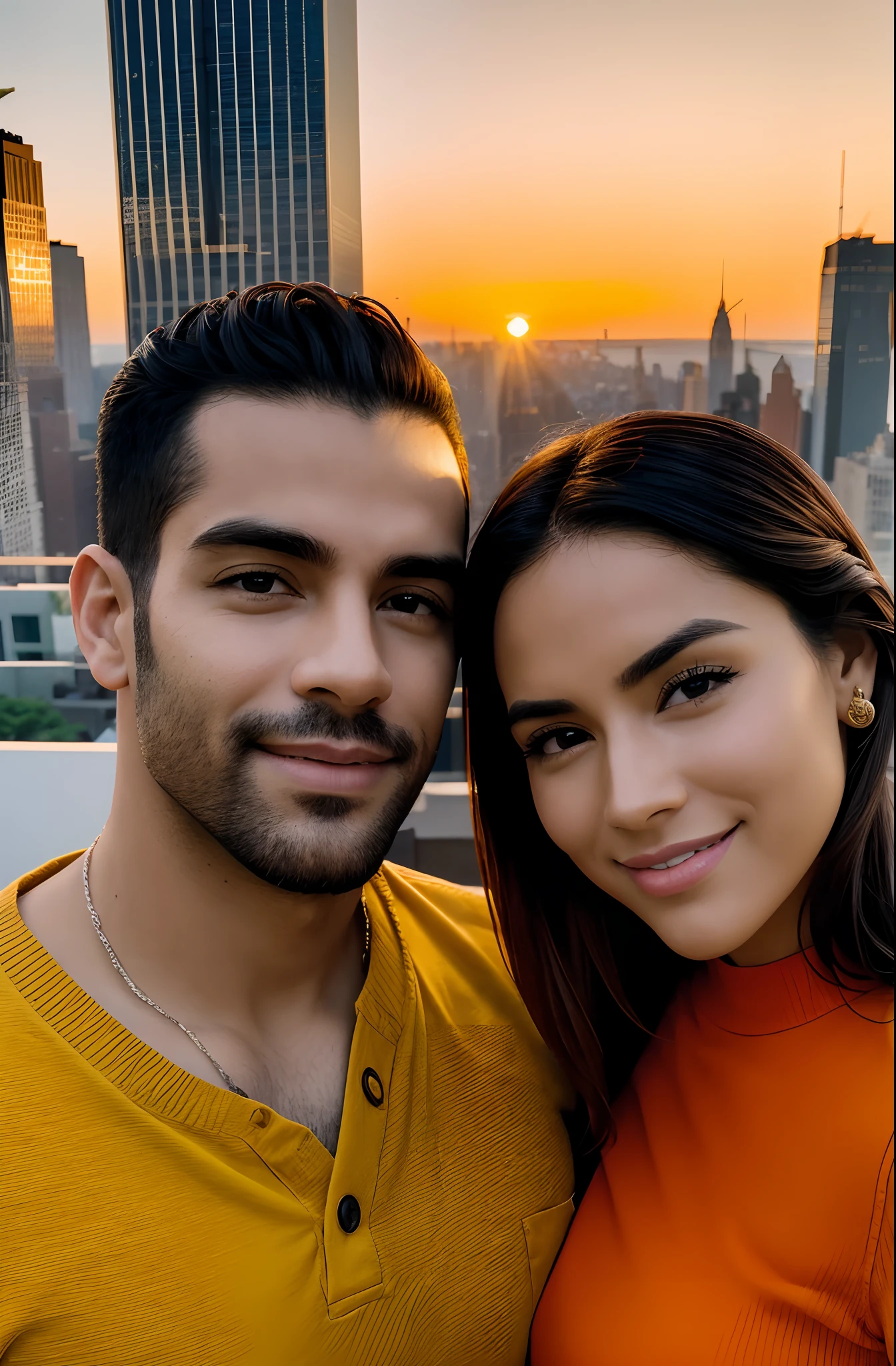 extremadamente detallado, Calidad de obra maestra, estilo impresionista, Vivid and vibrant sunset, Pareja joven en Nueva York, Profundidad de campo suave, majestuoso edificio al fondo, Warm and rich colors, Tactile and expressive textures, (La mejor calidad, 8k, 32K, Obra maestra, UHD: 1.3),