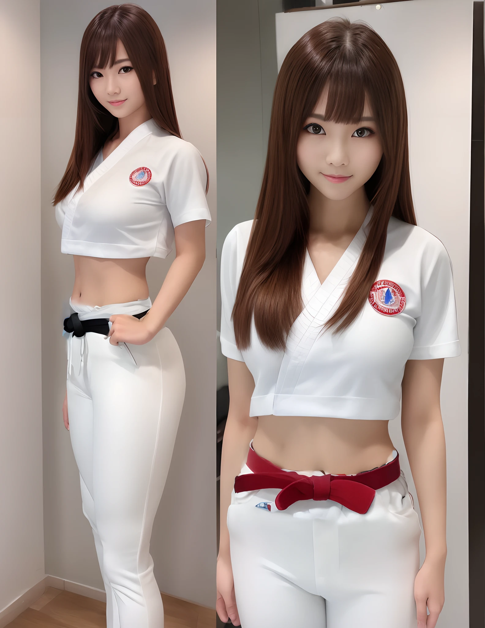 (Photorealsitic)(sixteen years old), Perfectly beautiful woman, (Full body 8K portrait), Stick out your fist, Large and dynamic hand and foot movements, Correct skeleton, White Karate Uniform, White karate pants, Large bust,Stand alone, Perfect facial detail, (Smile: 1.15), attractive beautiful face, gazing at viewer, a small face, 二重まぶた, Beautiful detailed eyes, long eyeslashes, ligh brown hair, Hairstyle is bob style, Toned waist, Beautiful thin legs, toned ankles, bare-legged ,TOKYOcty