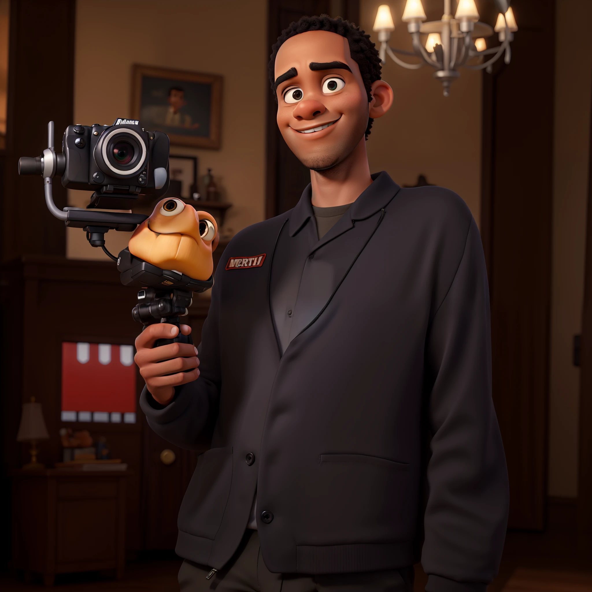 Black videographer with cut hair Disney Pixar style, alta qualidade, melhor qualidade