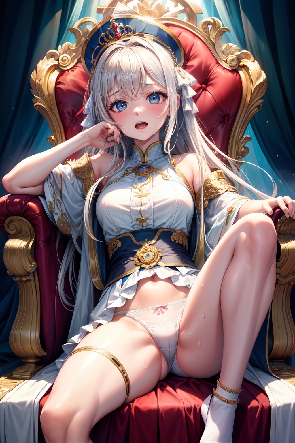 hight resolution, top-quality,  ultra-quality, The ultra-detailliert, lighting like a movie、Sit on a majestic throne、Princess spreading her legs、open one's legs、anguished expression、white  panties、full of sweat、Wearing sweat、