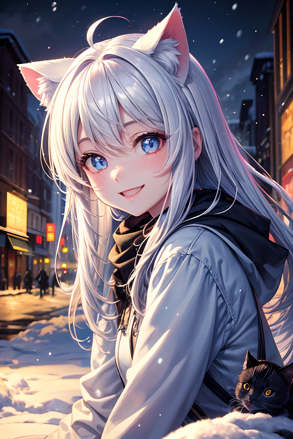 Top quality, high resolution, perfect human structure, people focus, front view, glowing hair, glowing eyes, cat ears,, snow, cute, meet up, city, overall angle, happy smile, gradient eyes, swept bangs,