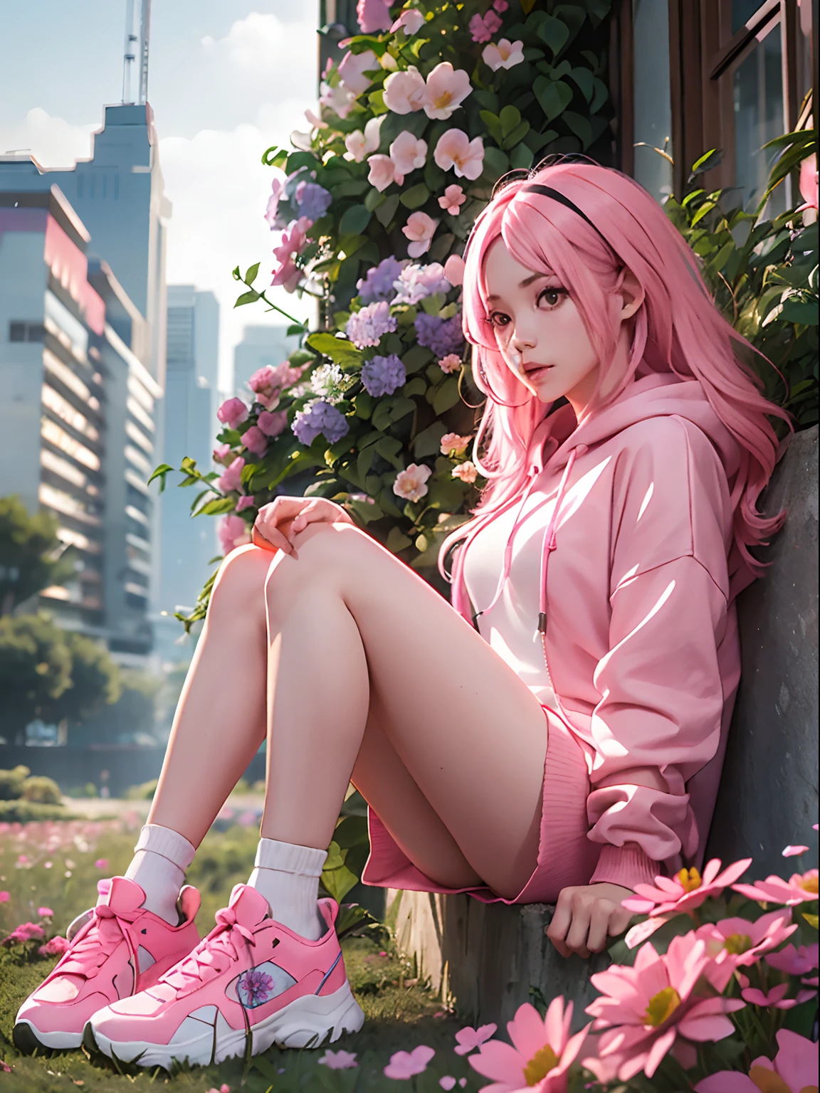 Nankotobuki \ (Shinobi no ko \), short pink hoodie, realistic, 3D, open clothes, flower garden, one girl with long pink hair sitting in a field of plants and flowers on the high building , white miniskirt, pink neon colour shoes