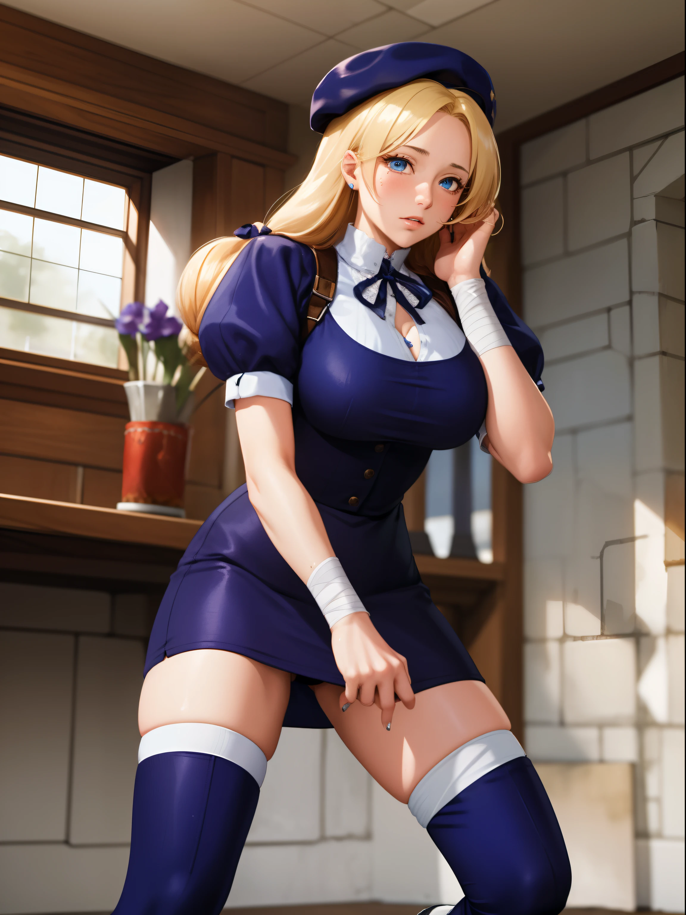 ((masterpiece:1.2, best quality)), 1girl, (HinakoMS:1.4), hat, blue eyes, short dress, beret, bandages, ribbon, knee pads, short sleeves, white panties, upskirt, midriff, cleavage, camel toe, blue boots, spread legs, sweating, sweat, tired, arm over head, masterpiece, and (extremely delicate and beautiful), extremely detailed, CG, unity , 2k wallpaper, Amazing, finely detail, extremely detailed CG unity 8k wallpaper, huge filesize, ultra-detailed, highres, absurdres.