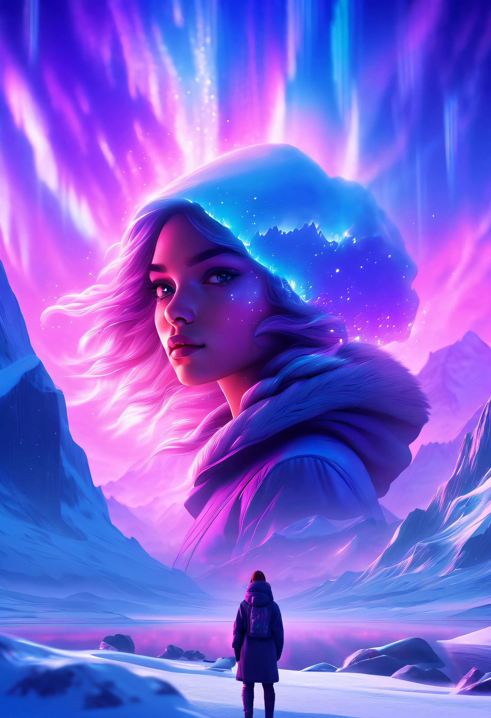 Model shooting style, (extremely detailed 8k cg wallpape),extreme light，1girll，Stand under the iceberg，Admire the beautiful Northern Lights，Personachi Cyberpunk [Snow-capped mountain landscape with fog：Transparent ethereal girl，snow mountains：0.33] Immerse yourself in the beautiful aurora，Live in the clouds of the starry sky，Behind the clouds，（Doubleexposure：1.3），The face blends in with the aurora，Snow-capped mountains are superimposed，Multiple elements blend the image，photography of：Brandon Woelfelmist，Surreal dreams，Gray atmosphere，Rainy days，dyna，lute，hdr，hyperrealistic fantasy art，Epic digital fantasy art style，Beautiful sci-fi art, Science-fi digital art illustration,science fiction digital painting, futuristic digital painting, futuristic concept art, In front of a snow-capped sci-fi mountain landscape, science fiction digital art, Fantastic transparent ethereal girl