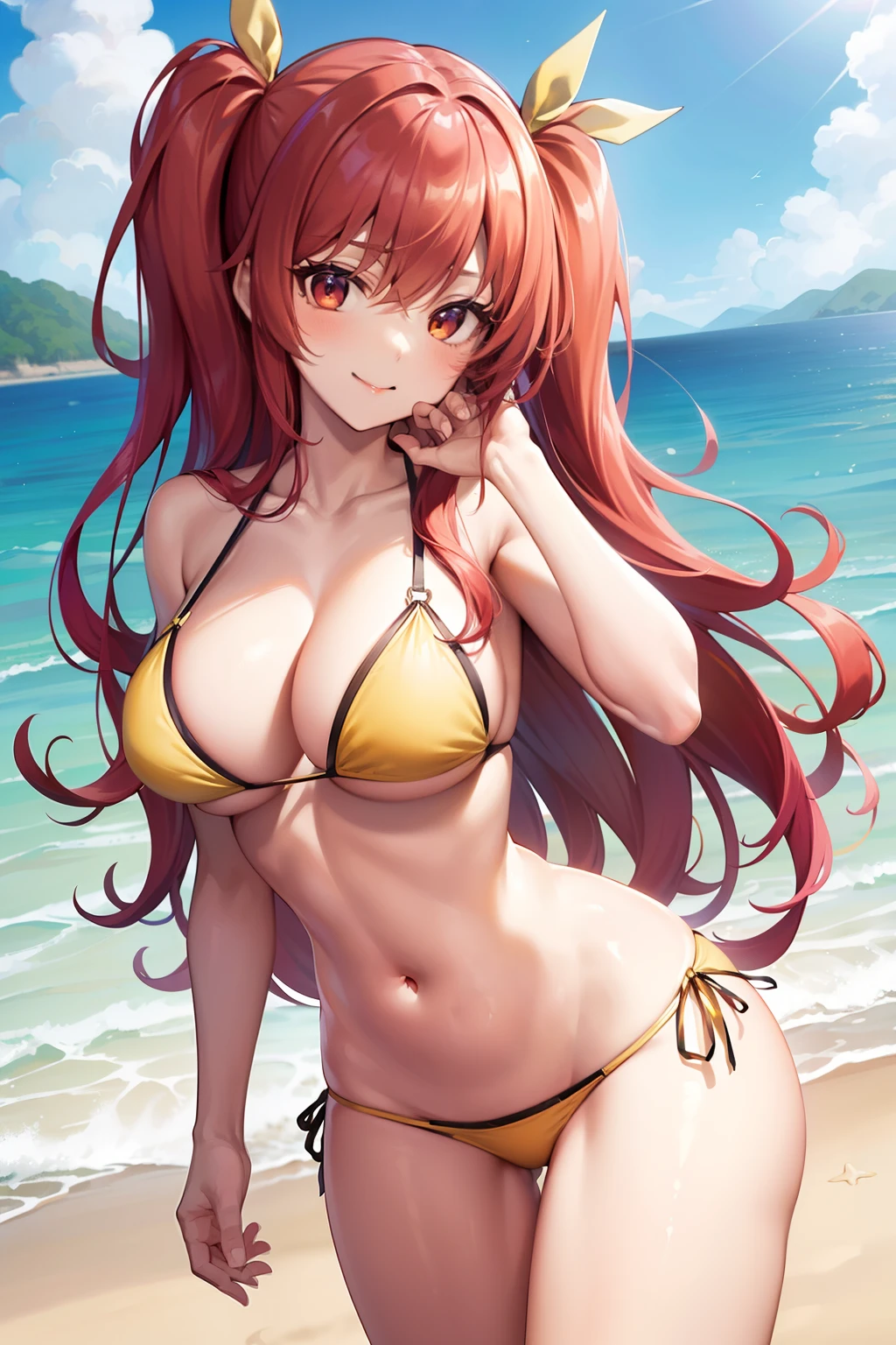 Stella Vermillion, Stella Vermillion, hair between eye, Hair intake, Hair Ribbon, Long hair, (Red Eyes:1.5), Red hair, two side up, Yellow Ribbon,thighs thighs thighs thighs, BREAK looking at viewer,,Romper (masutepiece:1.2), Best Quality, High resolution, Unity 8k壁纸, (Illustration:0.8), (Beautiful detailed eyes:1.6), extra detailed face, Perfect Lighting, extremely details CG, (Perfect hands, Perfect Anatomy),Naughty big、a smile、,(Yellow Bikini:1.5)、(the beach:1.3)、cowboy shot、