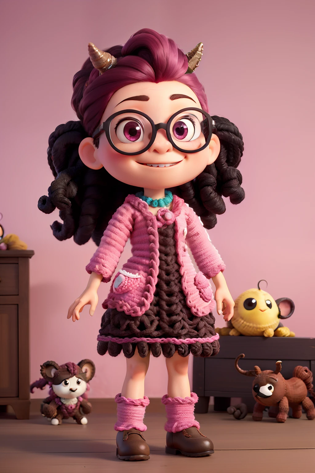 Uma mulher de cabelo castanho com rabo de cavalo, black eyeglasses, batom vermelho, With pink pink amigurumi octopus in hand, de roupa preta, Decorative frames and skein of yarn with crochet hook