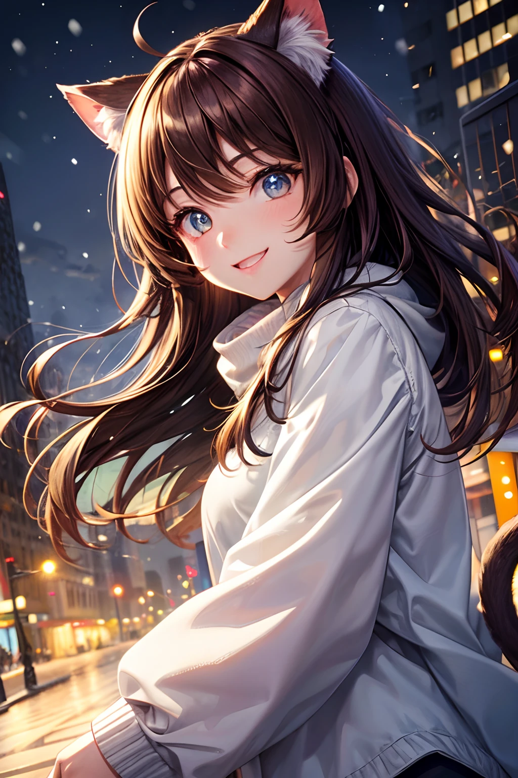 Top quality, high resolution, perfect human structure, people focus, front view, glowing hair, glowing eyes, cat ears,, brown hair, snow, cute, meet up, city, overall angle, happy smile, gradient eyes, swept bangs,