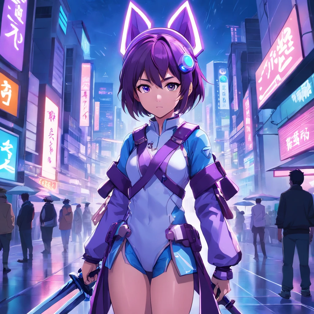 portrait full body Anime cyber samurai, 2 swords, using cyber faceless helmet white and purple, featuring white and purple color scheme, the scene is set in a futuristic cyberpunk cityscape, with neon lights illuminating the surroundings, he just opens the portal from another world dimention, The artwork is highly detailed and intricate