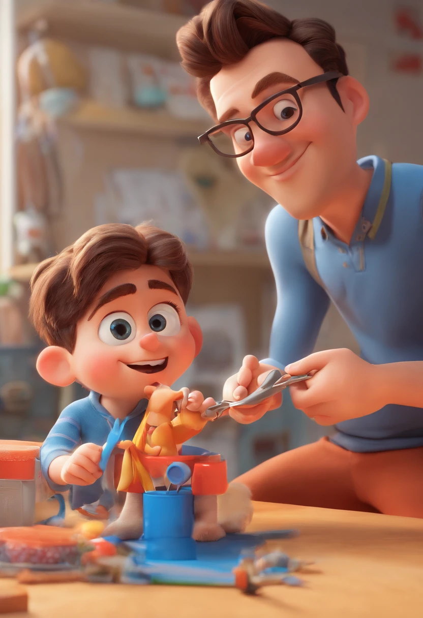 Estilo Pixar: The grown man is holding a naked blue-eyed boy and in his other hand he is holding a pair of scissors and is trying to cut off the boy's testicles,3D Poster,Disney