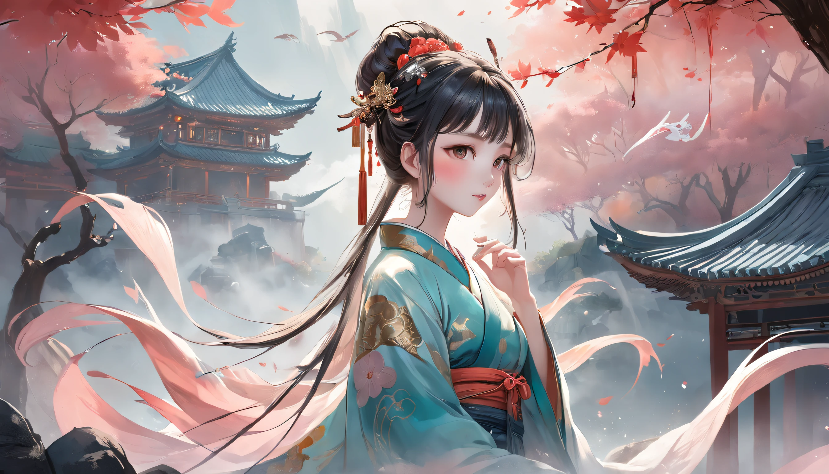 full bodyesbian,A goddess, Beautiful facial features,Chinese costume, Hanfu, Headwear, Hair accessories, Earrings, jewelry,Fairyland on earth, Soft light, Tradition Chinese Ink Painting,delicated face,Normal hands,Ancient Chinese landscapes,fantasy,Floating island,Chinese style buildings,The crane flies in the air,palaces,Pavilion,ink and watercolor painting,in wonderland , rays of sunshine, white backgrounid, tmasterpiece, super detailing, Epic composition, hyper HD, high qulity, extremely detaile, offcial art, 统一 8k 壁纸, super detailing, 32K,High picture quality,A high resolution,(Very detailed CG unity 8K wallpaper)