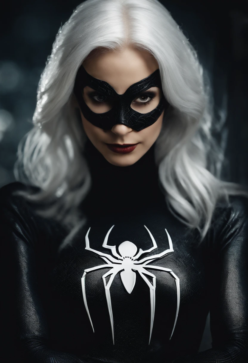 1girl white hair, with a small mask wearing a black latex suit with spider man looking at viewer, upper body, facing viewer,