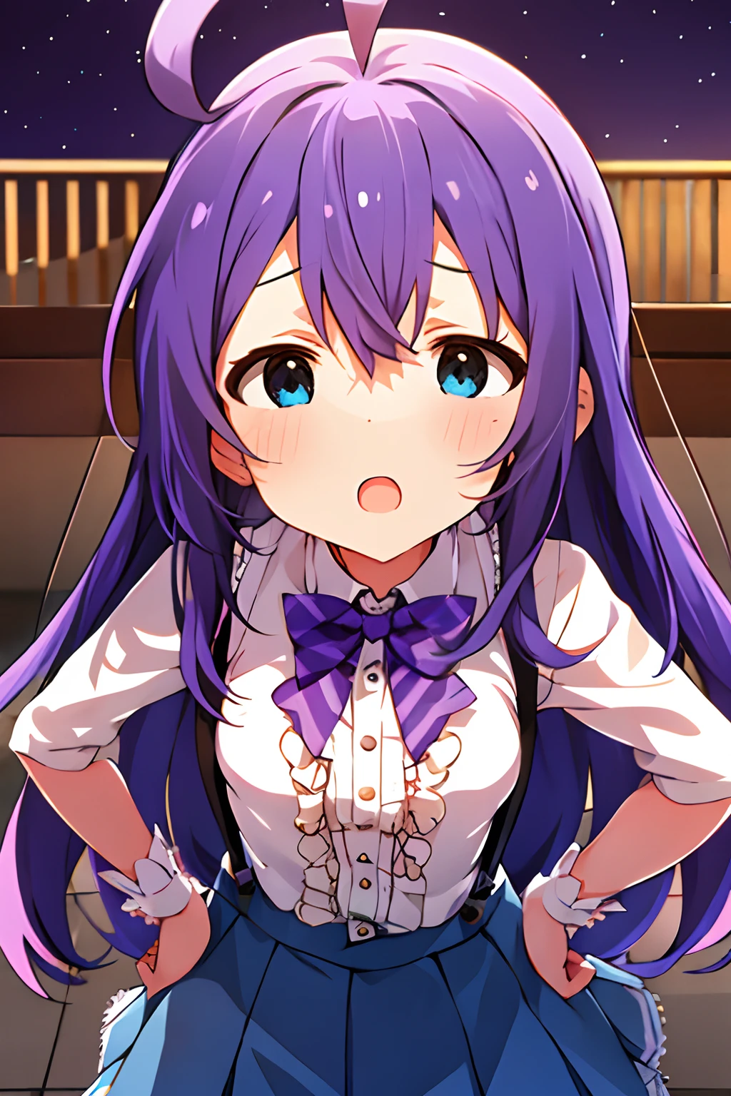 {{{{{mochizuki anna}}}}},1girl,solo,long hair,purple hair,small_ahoge,blue eyes.short stature.white t-shirts.suspenders.skirt.(((masterpiece))).(((best quality))).((ultra-detailed))).(((illustration))).night view.small Breasts.up chest.put hands on the hip.look from above.Sad face.open mouth.