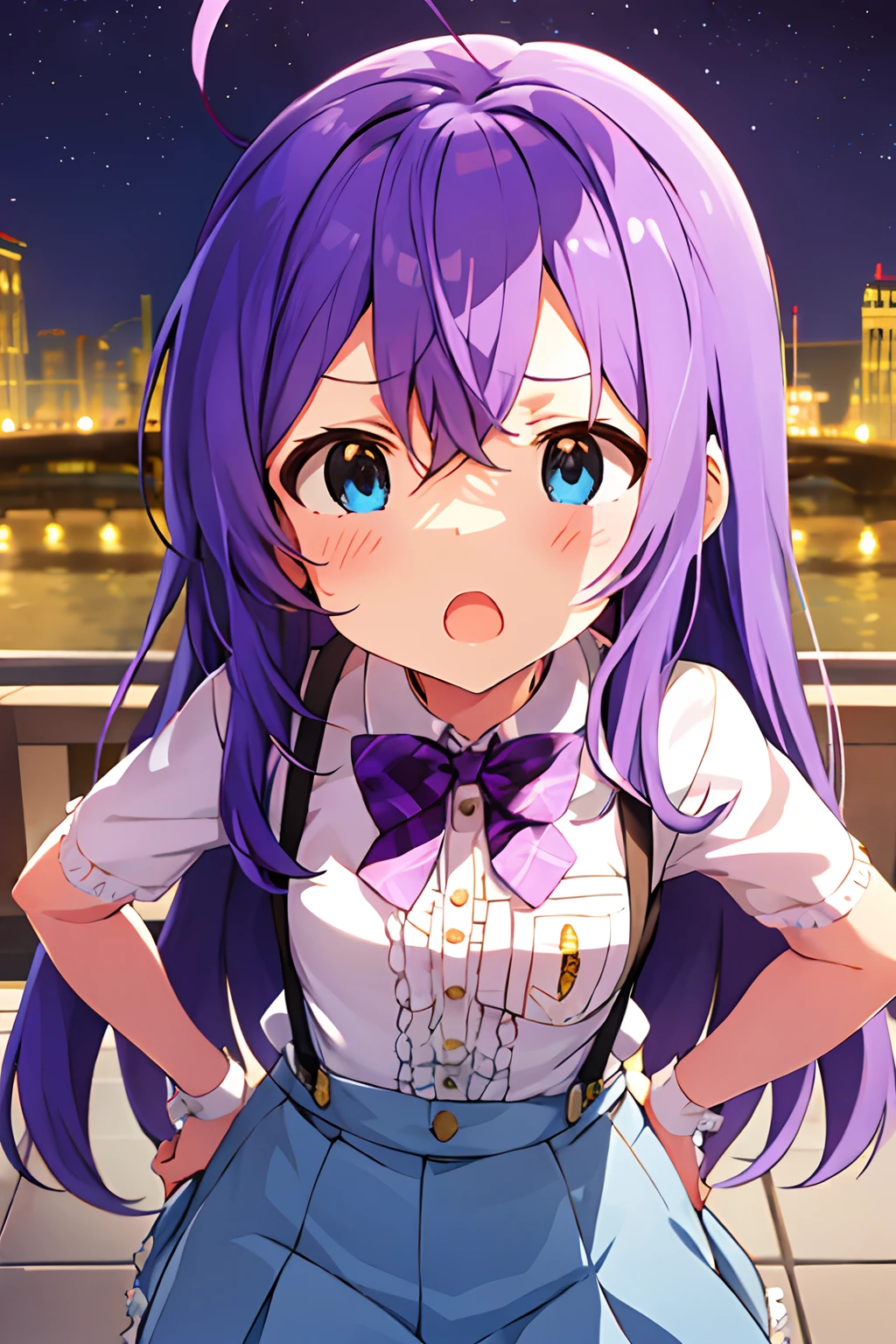 {{{{{mochizuki anna}}}}},1girl,solo,long hair,purple hair,small_ahoge,blue eyes.short stature.white t-shirts.suspenders.skirt.(((masterpiece))).(((best quality))).((ultra-detailed))).(((illustration))).night view.small Breasts.up chest.put hands on the hip.look from above.Sad face.open mouth.