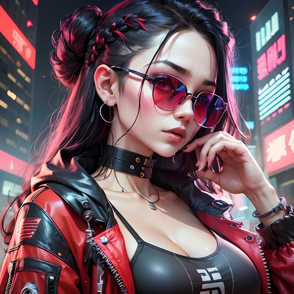 a woman standing in the middle of a street at night, cyberpunk art, inspired by Wang E, mamilos ,  Buceta, Pernas bem abertas, pernas levantadas, long black braided hair, with sunglass, trending photo, hip hop style, in style of lam manh, actress, 2019 trending photo, cool red jacket, in a cyberpunk themed room, young lady, grimes, photoshot, new song,   - --auto --s2
