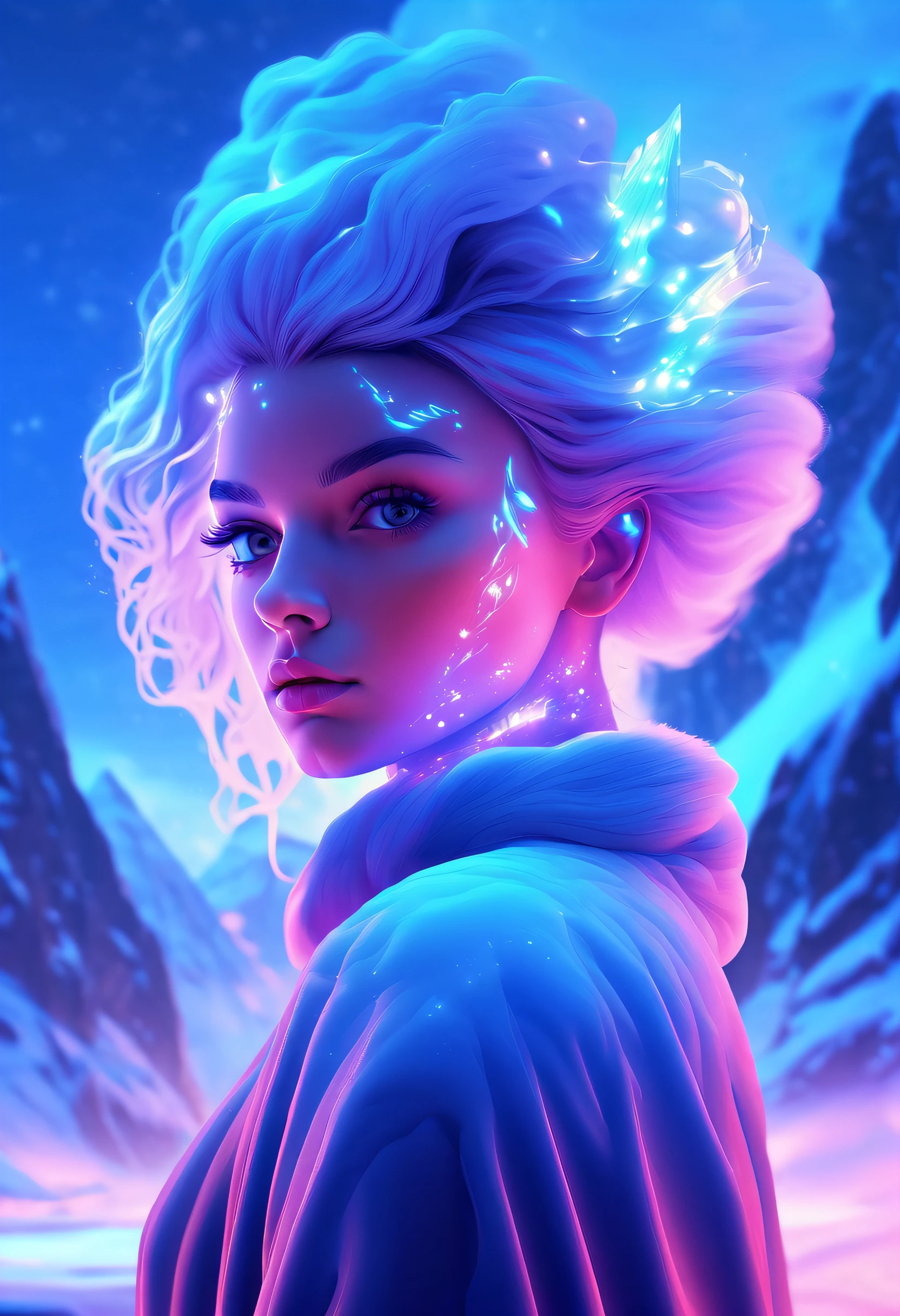 Model shooting style, (extremely detailed 8k cg wallpape),extreme light，1girll，Stand under the iceberg，Admire the beautiful Northern Lights，Personachi Cyberpunk [Snow-capped mountain landscape with fog：Transparent ethereal girl，snow mountains：0.33] Immerse yourself in the beautiful aurora，Live in the clouds of the starry sky，Behind the clouds，（Doubleexposure：1.3），The face blends in with the aurora，Snow-capped mountains are superimposed，Multiple elements blend the image，photography of：Brandon Woelfelmist，Surreal dreams，Gray atmosphere，Rainy days，dyna，lute，hdr，hyperrealistic fantasy art，Epic digital fantasy art style，Beautiful sci-fi art, Science-fi digital art illustration,science fiction digital painting, futuristic digital painting, futuristic concept art, In front of a snow-capped sci-fi mountain landscape, science fiction digital art, Fantastic transparent ethereal girl