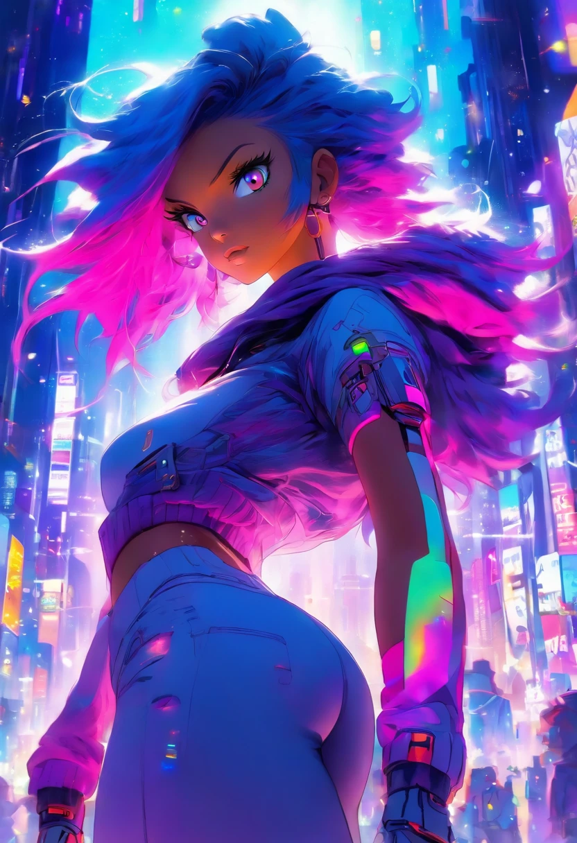 The most beautiful and sexiest futuristic space girl, rainbow colour hair, a purple eye, Wear a hoodie, graphic t shirt, Ripped skinny jeans and highly refined technologically futuristic gear, Suspended in the future high-tech city，Starcloud，Very detailed background, Perfect masterpiece, High quality, high resolution