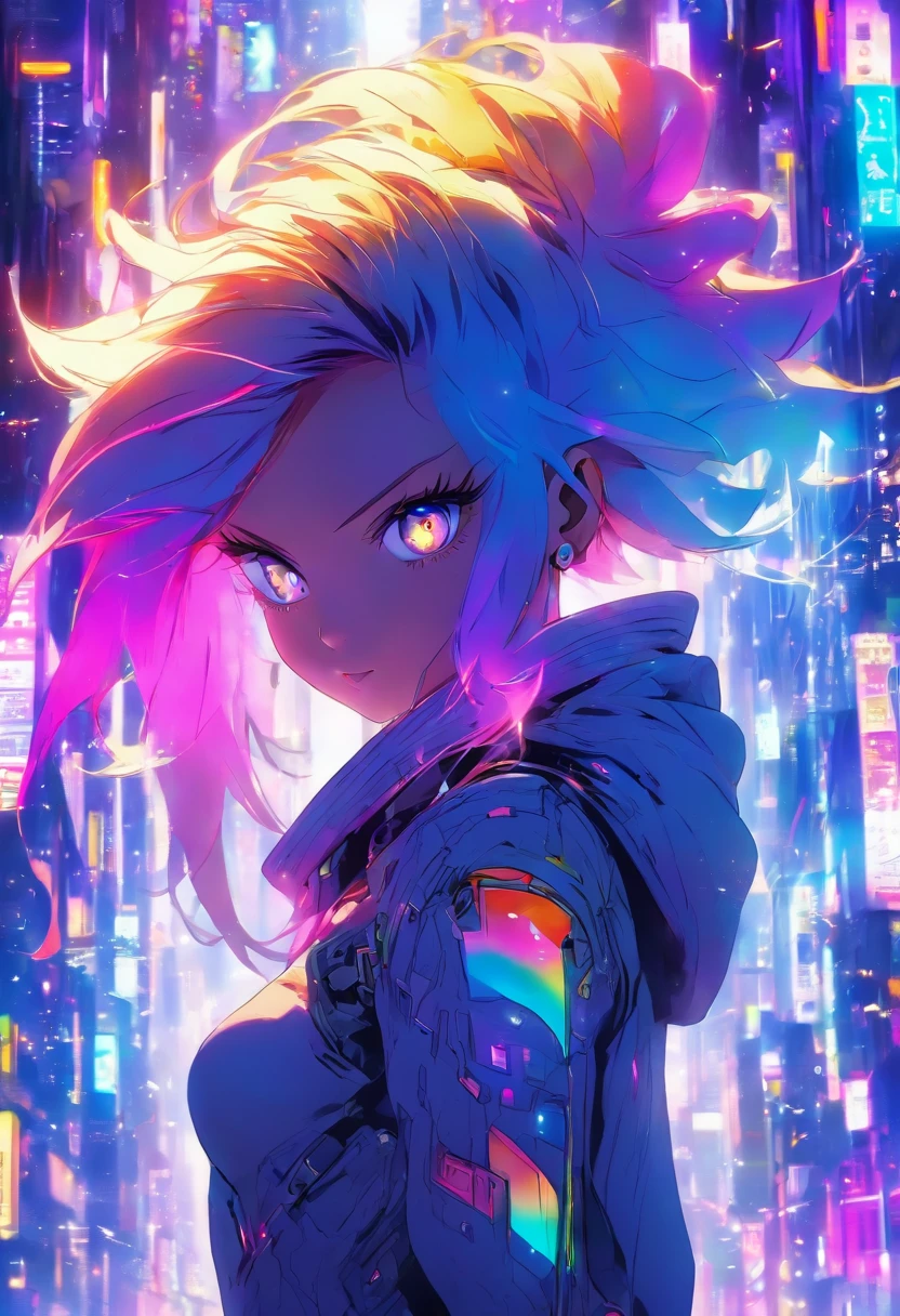 The most beautiful and sexiest futuristic space girl, rainbow colour hair, a purple eye, Wear a hoodie, graphic t shirt, Ripped skinny jeans and highly refined technologically futuristic gear, Suspended in the future high-tech city,Starcloud,Very detailed background, Perfect masterpiece, High quality, high resolution