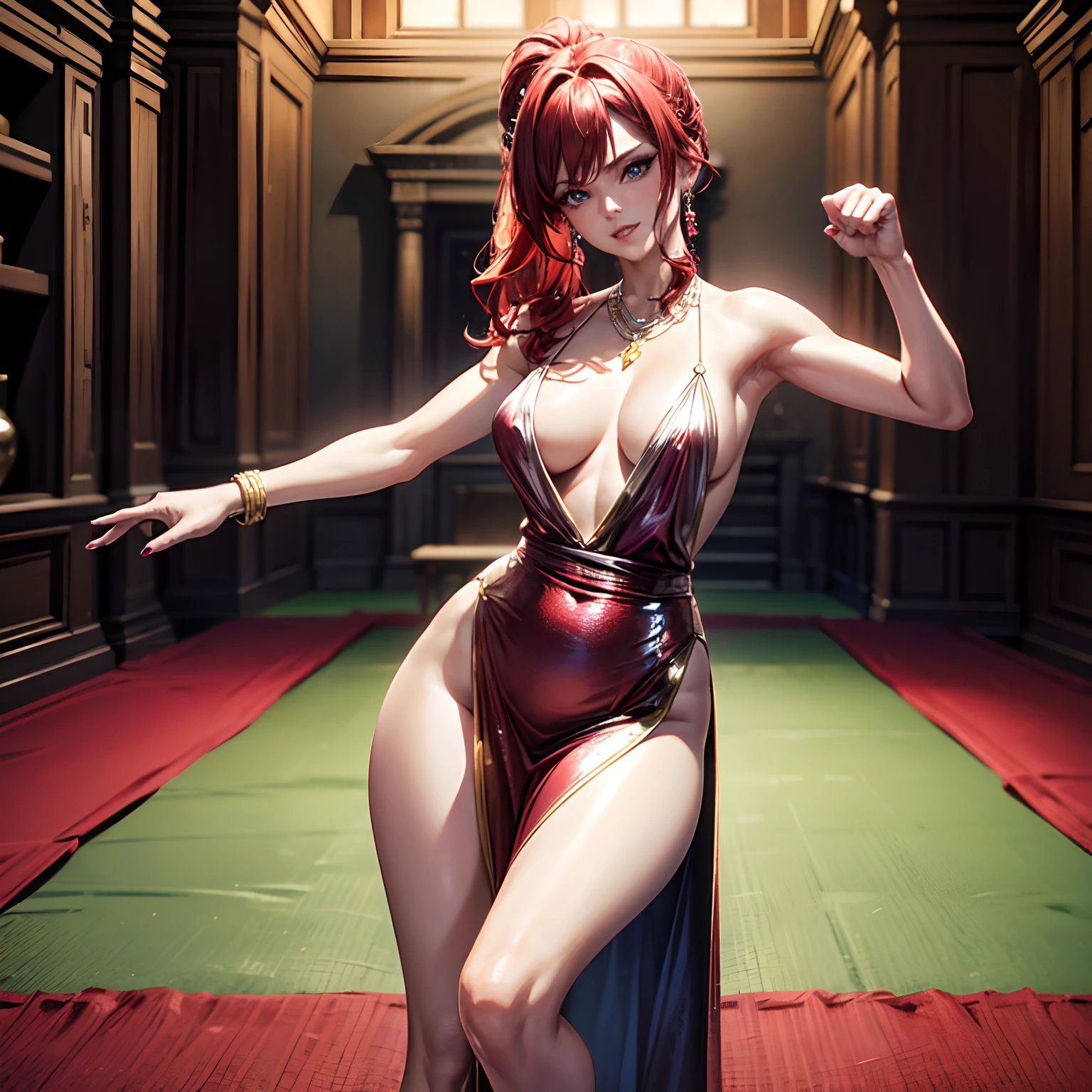 Masterpiece, high quality, 8k, One adult woman, scarlet red hair, (blue eyes), large breasts cleavage, (small skimpy red metallic mini dress), loose dress, mini skirt, in a castle, fancy carpet, (dress length stops at waist), barefoot, bare-feet, (yellow and white painted nails), realistic face, standing on one leg, fists, ready to fight, happy, Muay Thai,