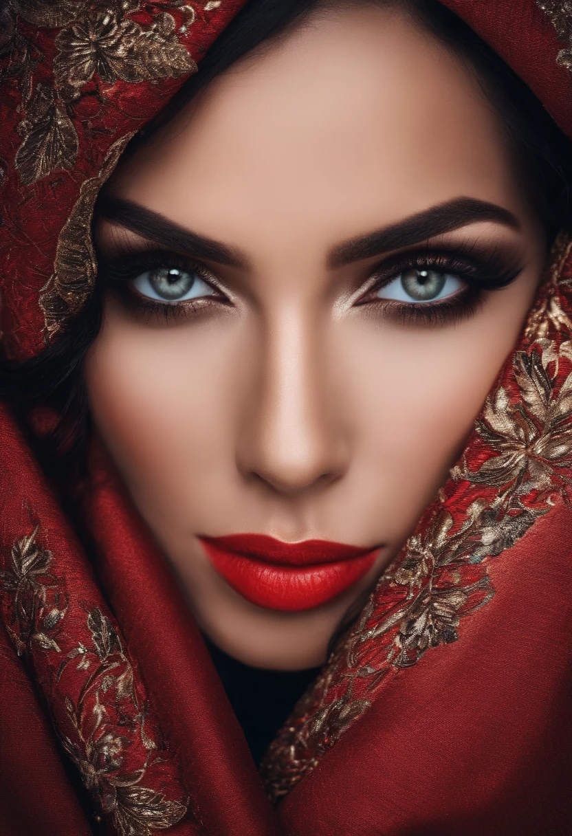 Beautiful naked woman with black hair، red eyes، with a big breast anal to her nipples.