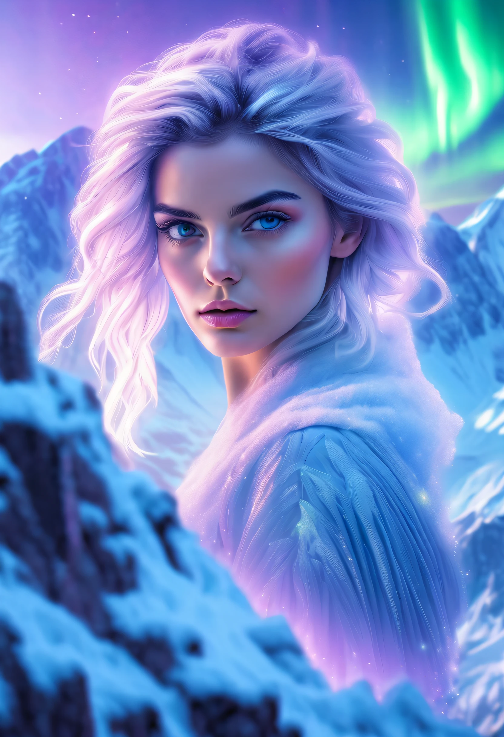 Model shooting style, (extremely detailed 8k cg wallpape),extreme light，1girll，Stand under the iceberg，Admire the beautiful Northern Lights，Personachi Cyberpunk [Snow-capped mountain landscape with fog：Transparent ethereal girl，snow mountains：0.33] Immerse yourself in the beautiful aurora，Live in the clouds of the starry sky，Behind the clouds，（Doubleexposure：1.3），The face blends in with the aurora，Snow-capped mountains are superimposed，Multiple elements blend the image，photography of：Brandon Woelfelmist，Surreal dreams，Gray atmosphere，Rainy days，dyna，lute，hdr，hyperrealistic fantasy art，Epic digital fantasy art style，Beautiful sci-fi art, Science-fi digital art illustration,science fiction digital painting, futuristic digital painting, futuristic concept art, In front of a snow-capped sci-fi mountain landscape, science fiction digital art, Fantastic transparent ethereal girl