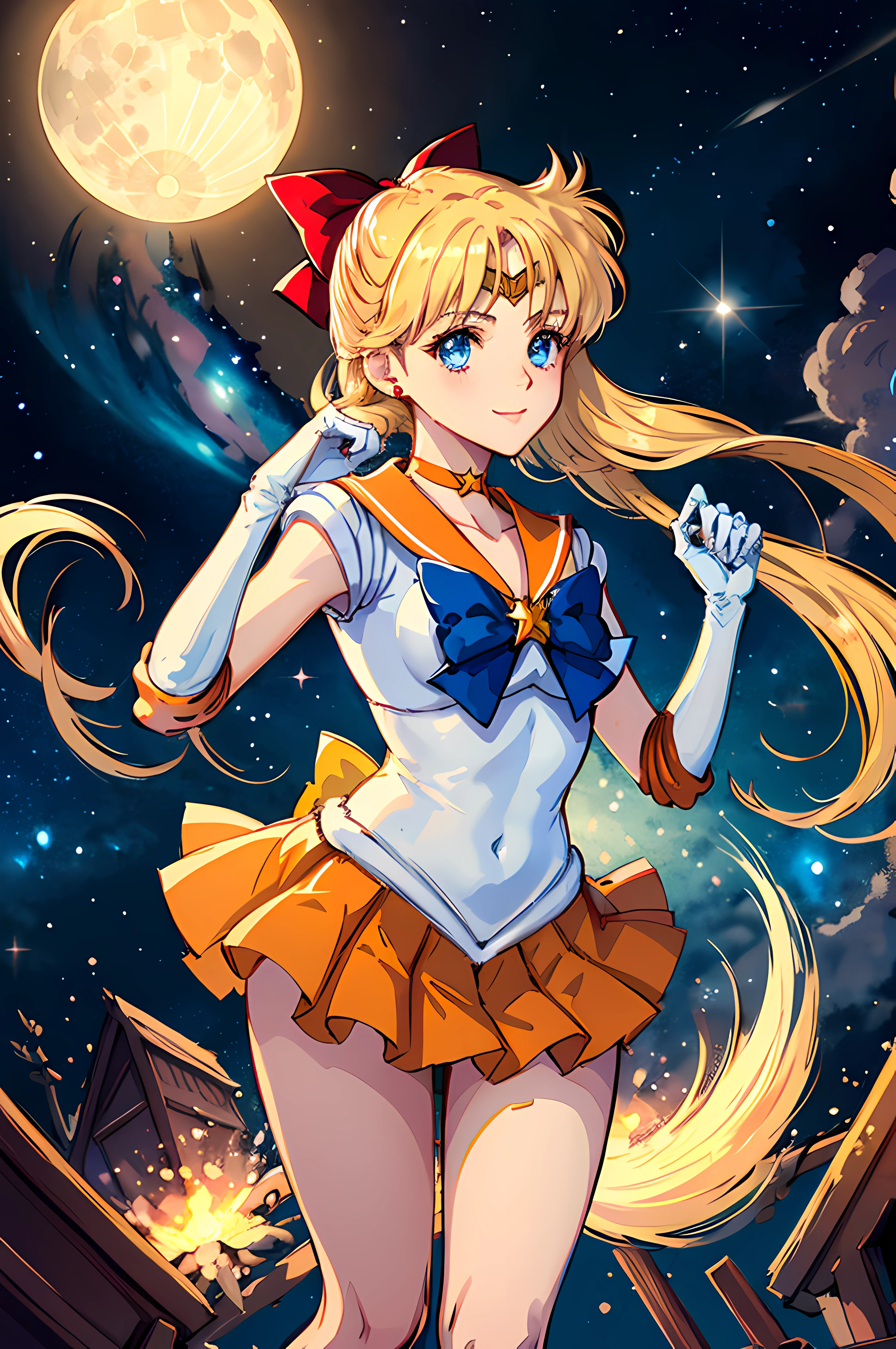 Obra maestra, La mejor calidad, absurdos, antomy perfecto, 1girl, solamente, SMMoon, 1990's \(estilo\), rubia sailor moon, En pie, They are smiling, Disparo de vaquero, Uniforme Sailor Senshi, Collar de marinero, falda azul, guantes de codo, en postura de espalda, Show off your loot, Backwards, No hay tanga Big Booty, Ultra minifalda ( Postura de la espalda, Backwards, Show off your loot)