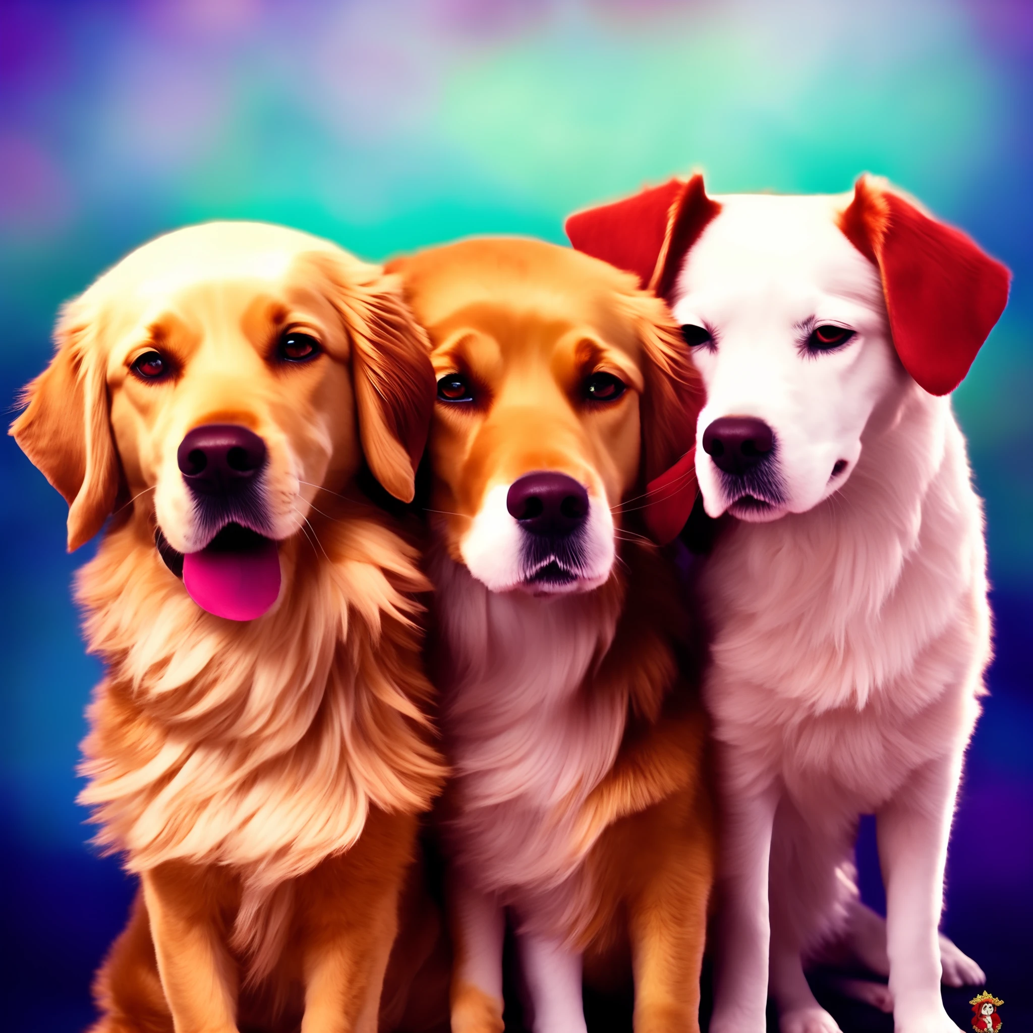A Disney pixar-inspired movie poster with title Crystal & Bella The News Princesses (Two female Goldens Retrievers, one of charming red hairs, peito, belly and tail with light hair, nariz preto, olhos castanho claros, the other female Golden Retriever with light charming fur, nariz pouco rosado, olhos esverdeados, passeando na Disney, vestidas de princesas). The scene should be in the distinct digital art style of pixar, with the title Crystal & Bella The News Princesses