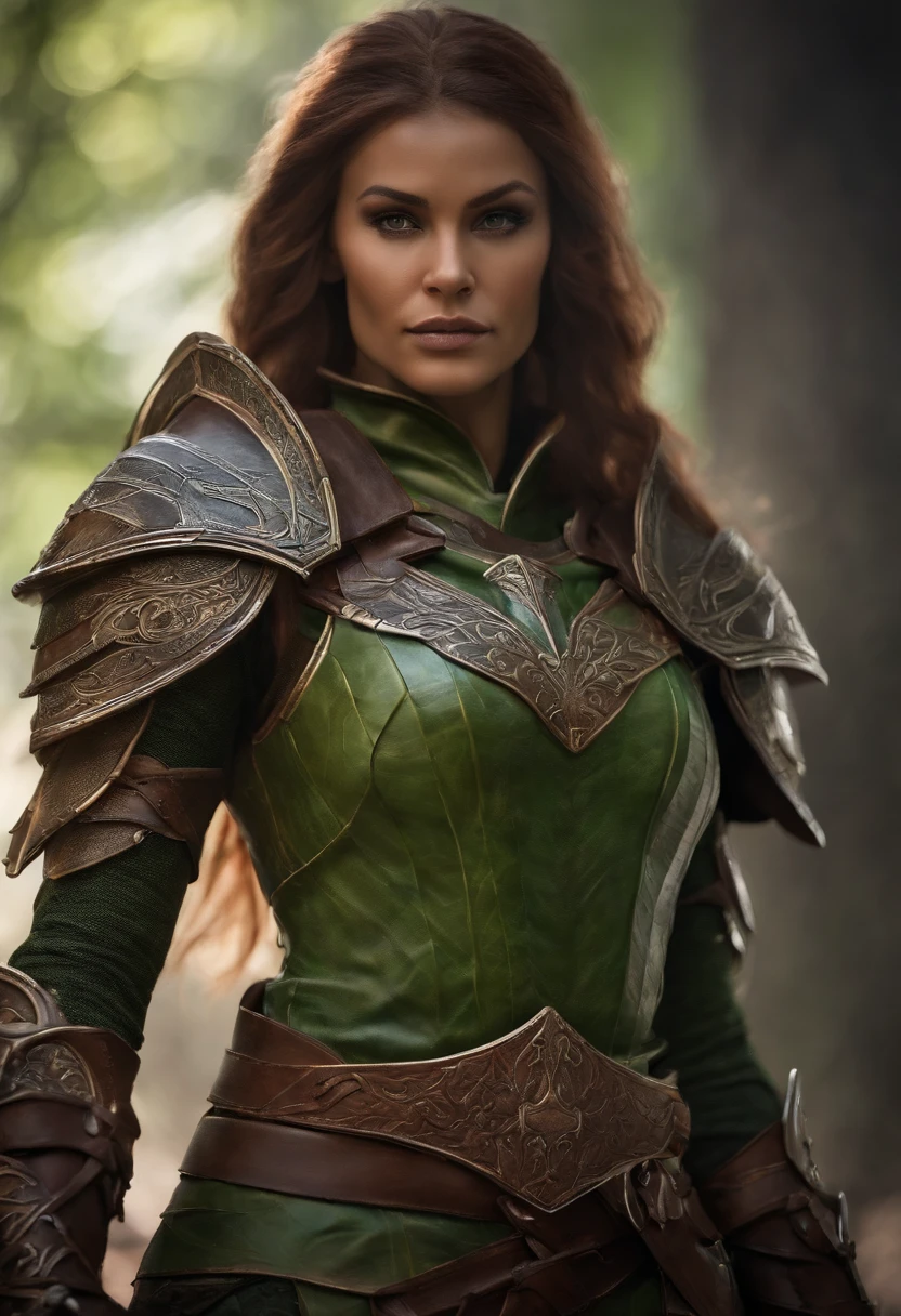 a close up of a woman in a costume with a sword, eso armor, elven armor, female armor, female dragonborn, infinity blade armor, female orc, skyrim armor, warrior outfit, morrowind armor, wearing witchblade armor, female humanoid creature, aela the huntress, north adult female warrior, wearing sculpted textured armor, green orc female nude