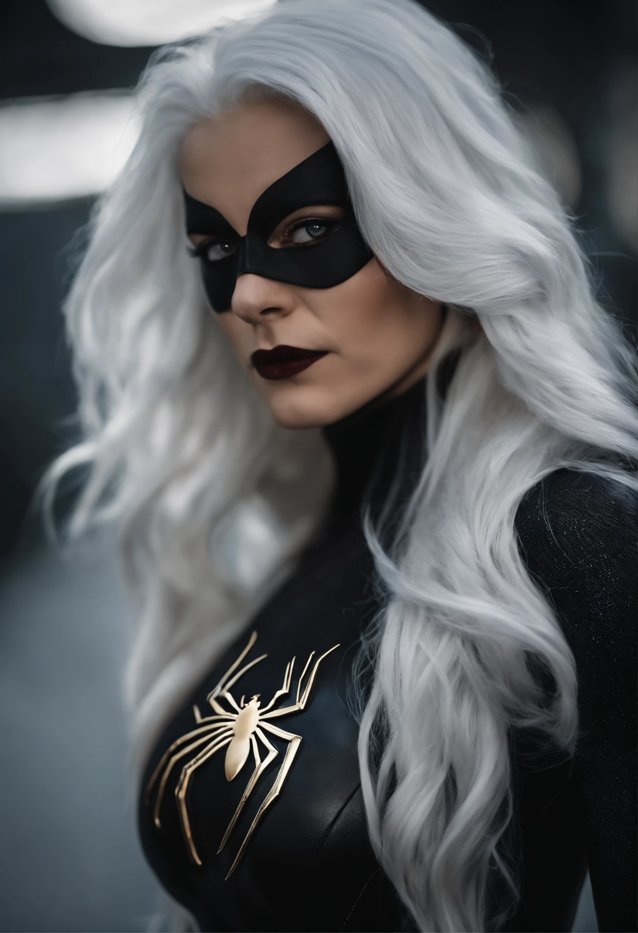 1girl white hair, with a small mask wearing a black latex suit with spider man looking at viewer, upper body, facing viewer,