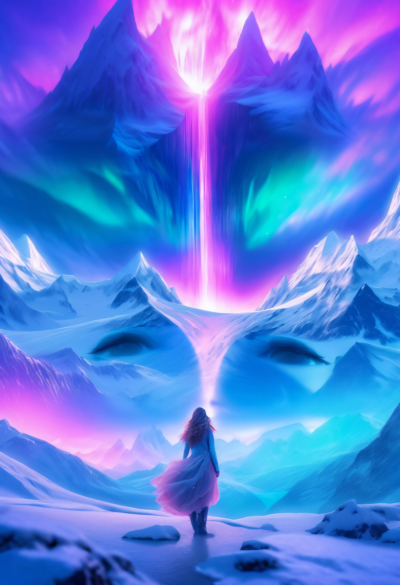 Model shooting style, (extremely detailed 8k cg wallpape),extreme light，1girll，Stand under the iceberg，Admire the beautiful Northern Lights，Personachi Cyberpunk [Snow-capped mountain landscape with fog：Transparent ethereal girl，snow mountains：0.33] Immerse yourself in the beautiful aurora，Live in the clouds of the starry sky，Behind the clouds，（Doubleexposure：1.3），The face blends in with the aurora，Snow-capped mountains are superimposed，Multiple elements blend the image，photography of：Brandon Woelfelmist，Surreal dreams，Gray atmosphere，Rainy days，dyna，lute，hdr，hyperrealistic fantasy art，Epic digital fantasy art style，Beautiful sci-fi art, Science-fi digital art illustration,science fiction digital painting, futuristic digital painting, futuristic concept art, In front of a snow-capped sci-fi mountain landscape, science fiction digital art, Fantastic transparent ethereal girl