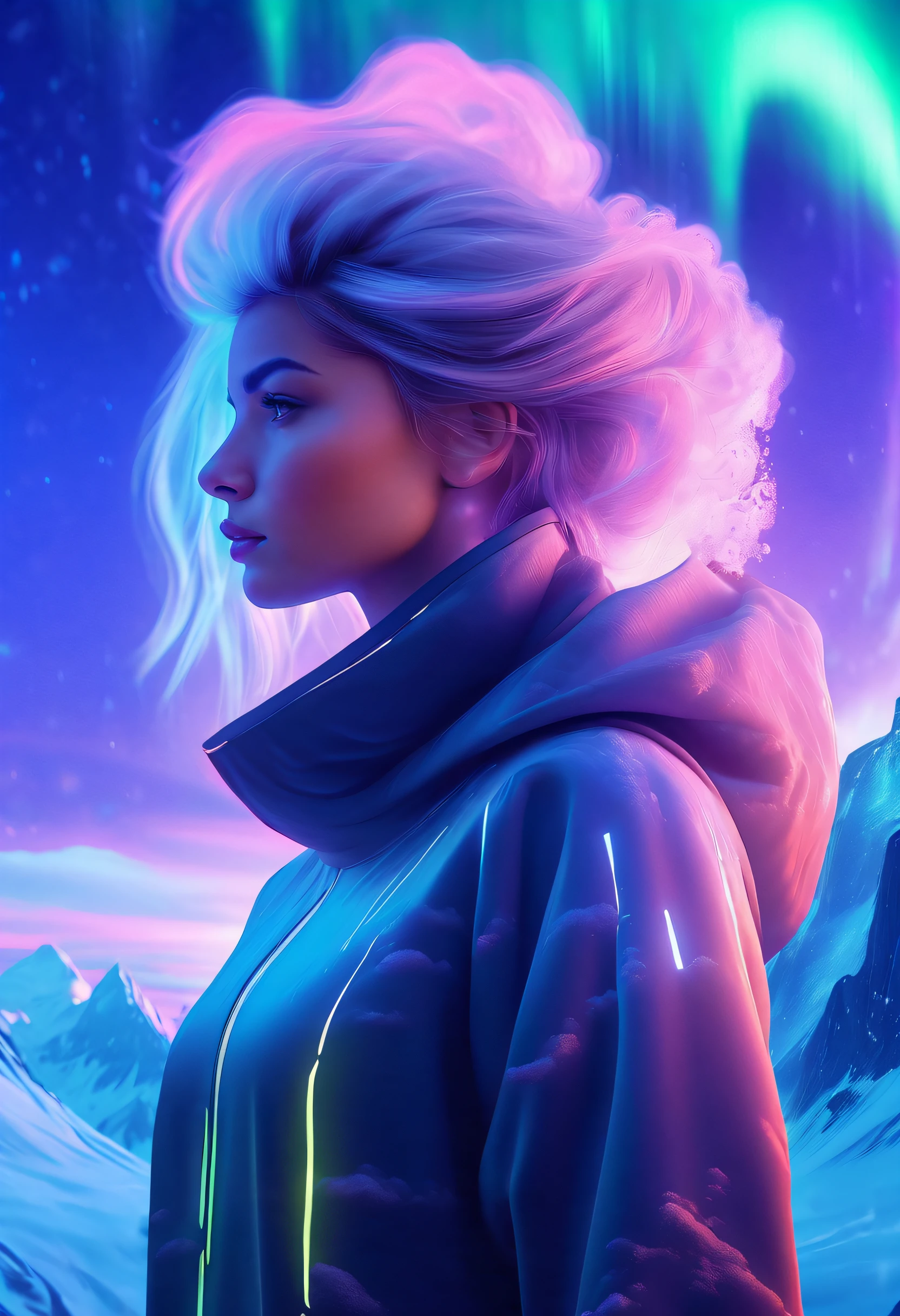 Model shooting style, (extremely detailed 8k cg wallpape),extreme light，1girll，Stand under the iceberg，Admire the beautiful Northern Lights，Personachi Cyberpunk [Snow-capped mountain landscape with fog：Transparent ethereal girl，snow mountains：0.33] Immerse yourself in the beautiful aurora，Live in the clouds of the starry sky，Behind the clouds，（Doubleexposure：1.3），The face blends in with the aurora，Snow-capped mountains are superimposed，Multiple elements blend the image，photography of：Brandon Woelfelmist，Surreal dreams，Gray atmosphere，Rainy days，dyna，lute，hdr，hyperrealistic fantasy art，Epic digital fantasy art style，Beautiful sci-fi art, Science-fi digital art illustration,science fiction digital painting, futuristic digital painting, futuristic concept art, In front of a snow-capped sci-fi mountain landscape, science fiction digital art, Fantastic transparent ethereal girl