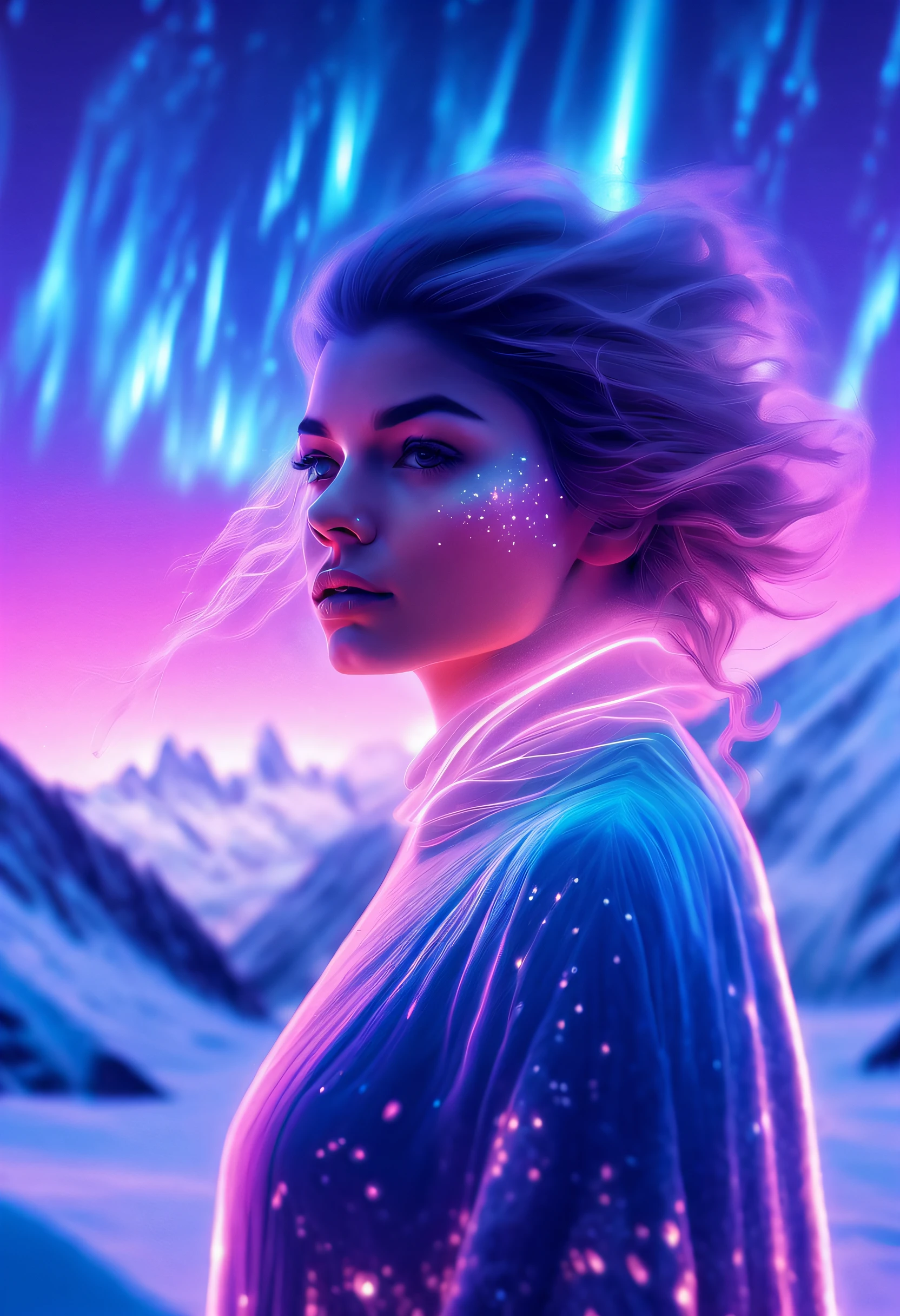 Model shooting style, (extremely detailed 8k cg wallpape),extreme light，1girll，Stand under the iceberg，Admire the beautiful Northern Lights，Personachi Cyberpunk [Snow-capped mountain landscape with fog：Transparent ethereal girl，snow mountains：0.33] Immerse yourself in the beautiful aurora，Live in the clouds of the starry sky，Behind the clouds，（Doubleexposure：1.3），The face blends in with the aurora，Snow-capped mountains are superimposed，Multiple elements blend the image，photography of：Brandon Woelfelmist，Surreal dreams，Gray atmosphere，Rainy days，dyna，lute，hdr，hyperrealistic fantasy art，Epic digital fantasy art style，Beautiful sci-fi art, Science-fi digital art illustration,science fiction digital painting, futuristic digital painting, futuristic concept art, In front of a snow-capped sci-fi mountain landscape, science fiction digital art, Fantastic transparent ethereal girl