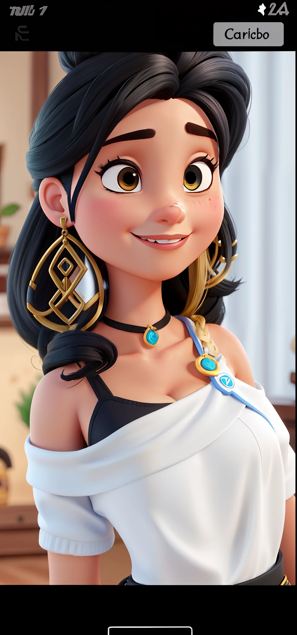 Uma mulher branca de cabelo curto cacheado preto estilo Disney pixar