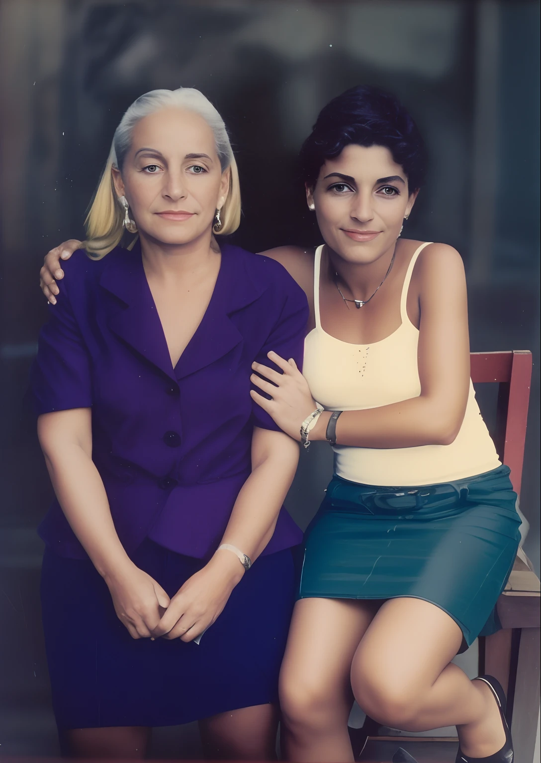 Hay una mujer sentada junto a otra mujer en un banco, tomada en 1 9 9 7, Vintage granulado, Una foto coloreada, 3 Retrato de 5 mm, colour portrait photograph, Foto 1998, old color photograph, Foto antigua en color, Karla Ortiz, Foto coloreada, taken in the early 1990s, Foto de 1990