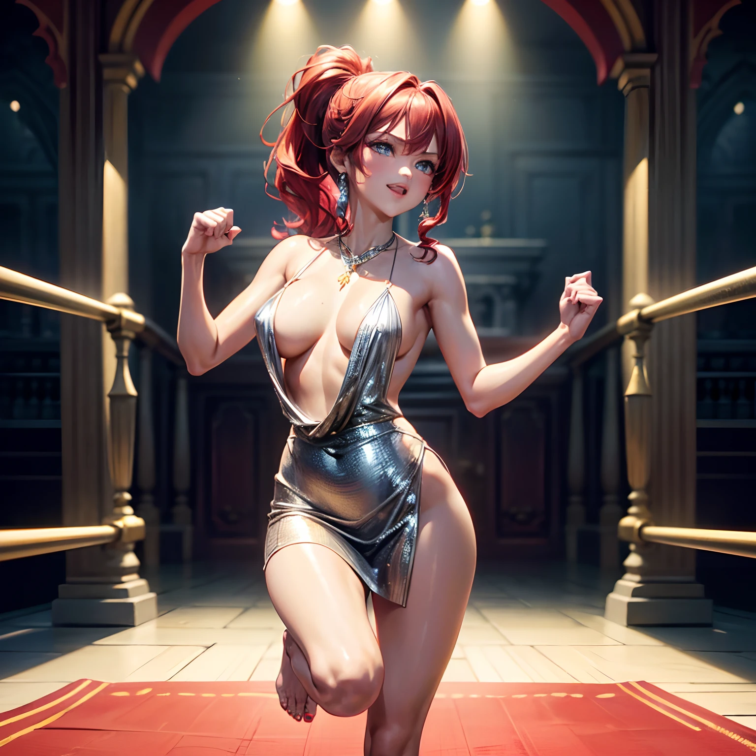 Masterpiece, high quality, 8k, One adult woman, scarlet red hair, (blue eyes), large breasts not covered , (low-cut revealing small skimpy red metallic mini dress), loose top, open front, mini skirt, in a castle, fancy carpet, (dress length stops at waist), barefoot, bare-feet, (yellow and white painted nails), realistic face, standing on one leg, fists, ready to fight, Muay Thai, happy, no underwear,