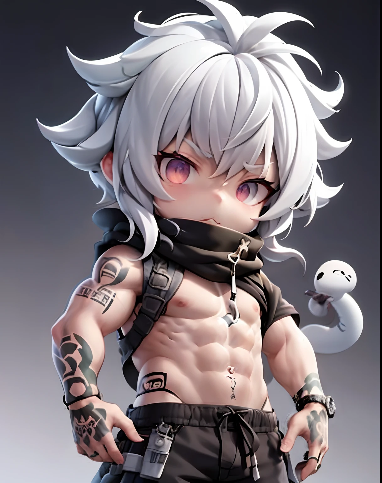 Men, muscles, mantras, tattoos, white hair, different pupil snake eyes, dark, bright representatives.