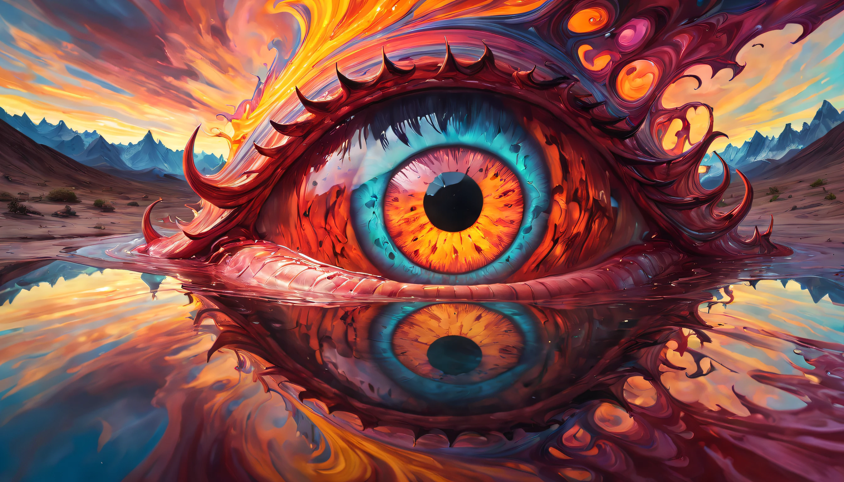 "Devil's Eye engulfed in a mesmerizing swirl of colors and reflections, illuminating a surreal landscape beneath it."